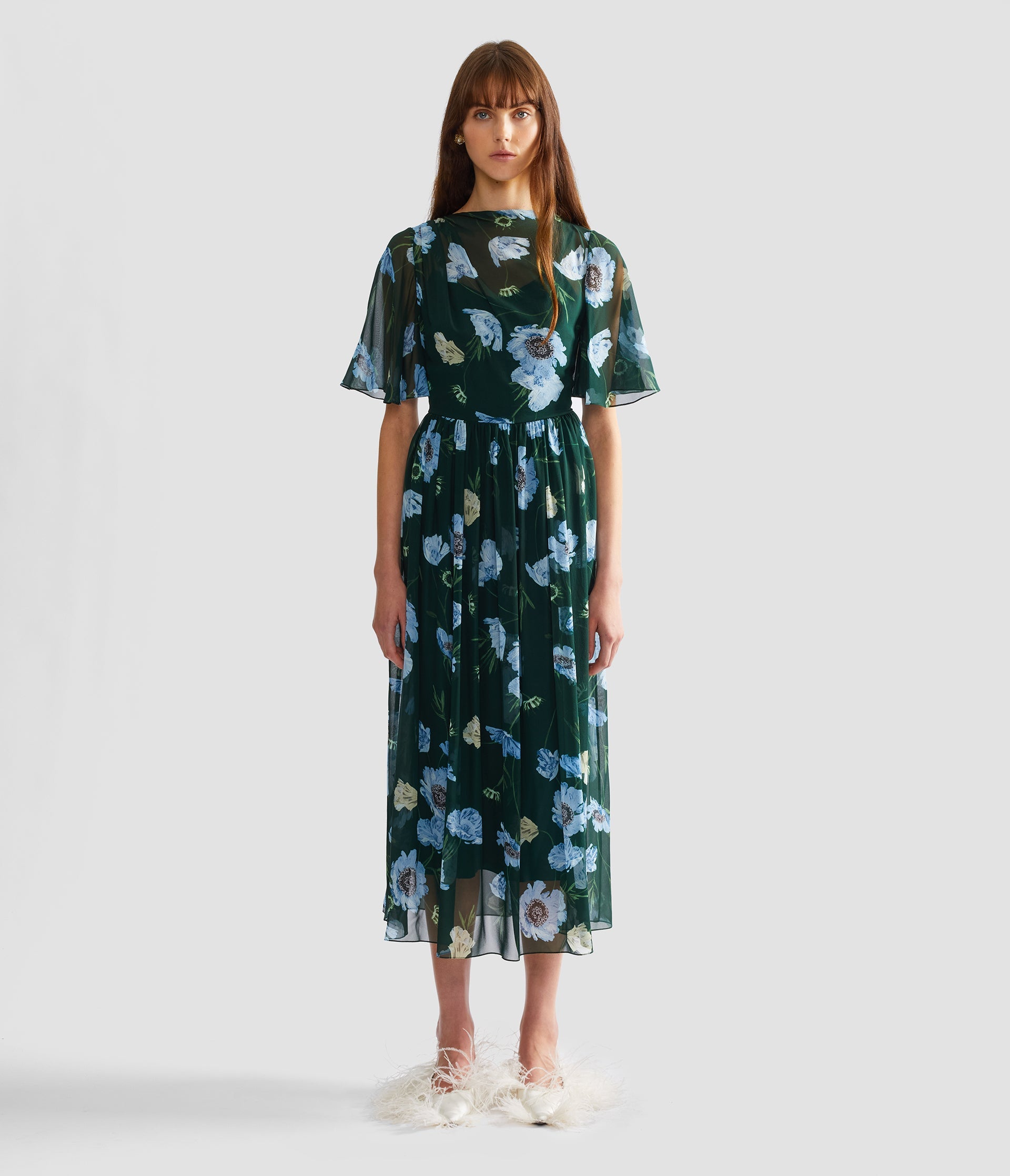 Floral Silk Voile Short Sleeve Midi Dress
