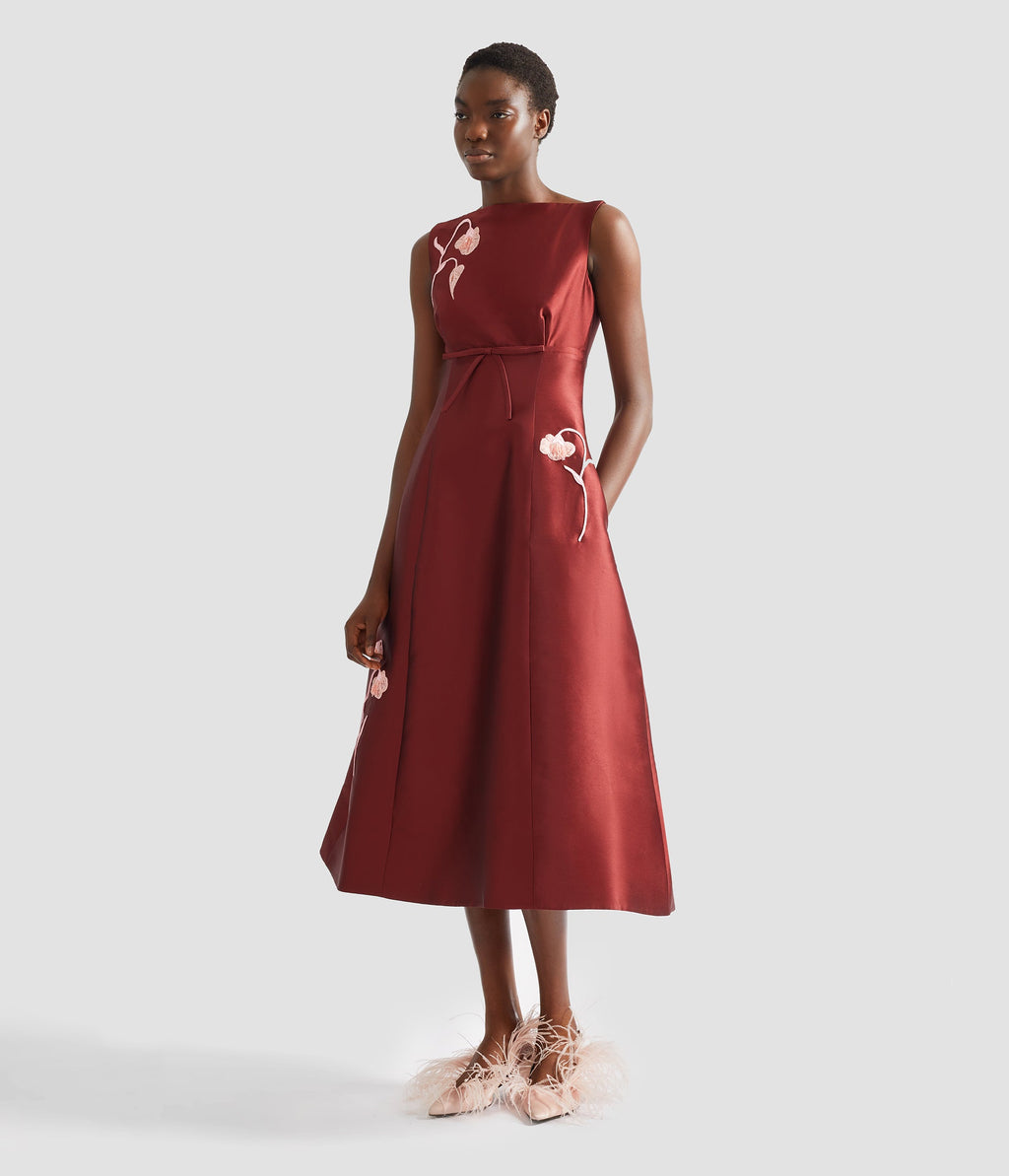 Embroidered Mikado Sleeveless Midi Dress
