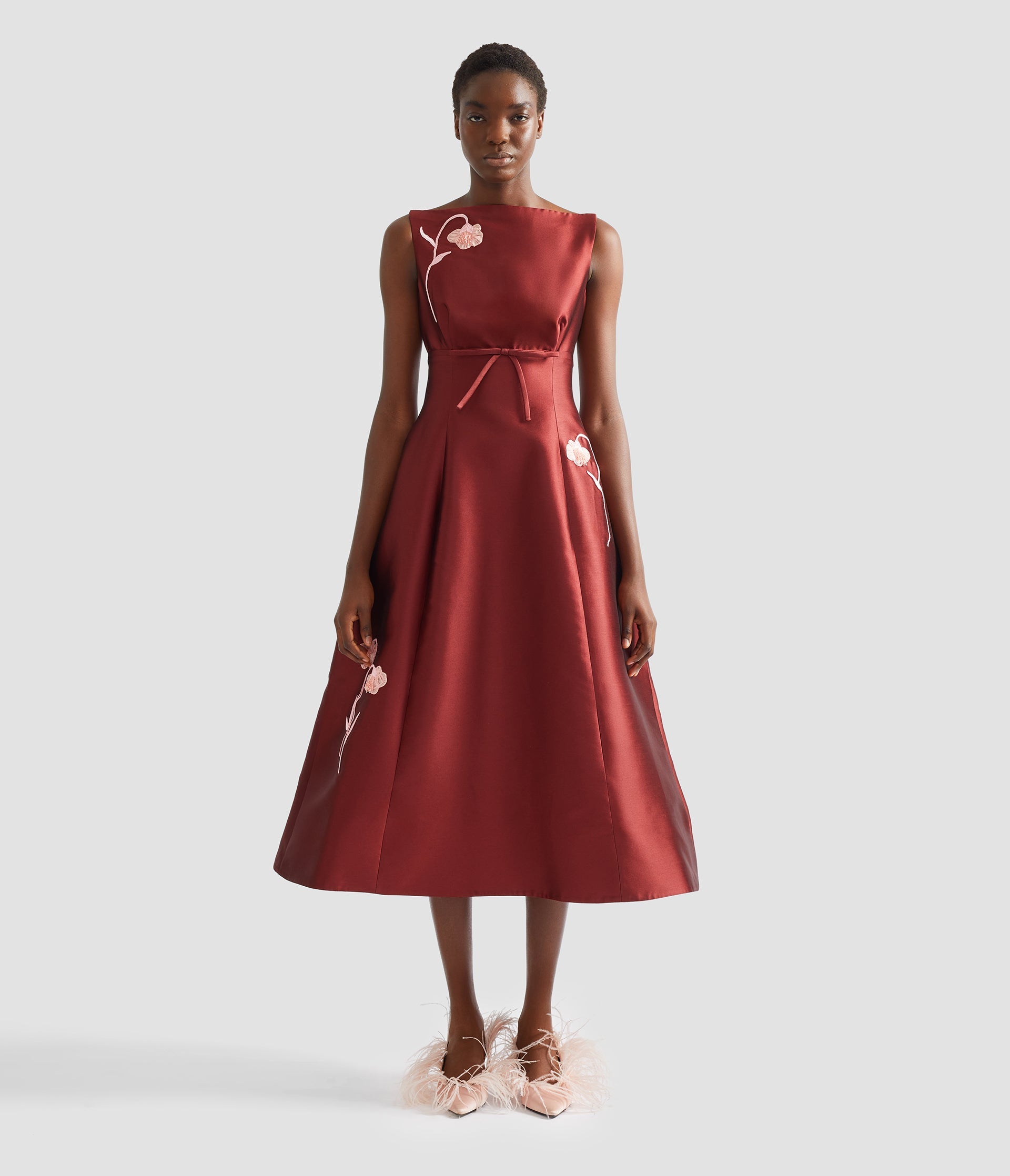 Embroidered Mikado Sleeveless Midi Dress
