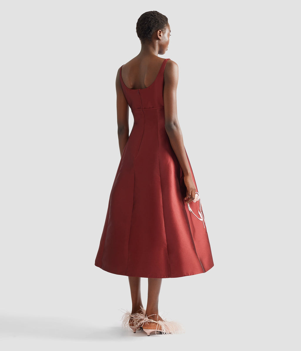 Embroidered Mikado Sleeveless Midi Dress