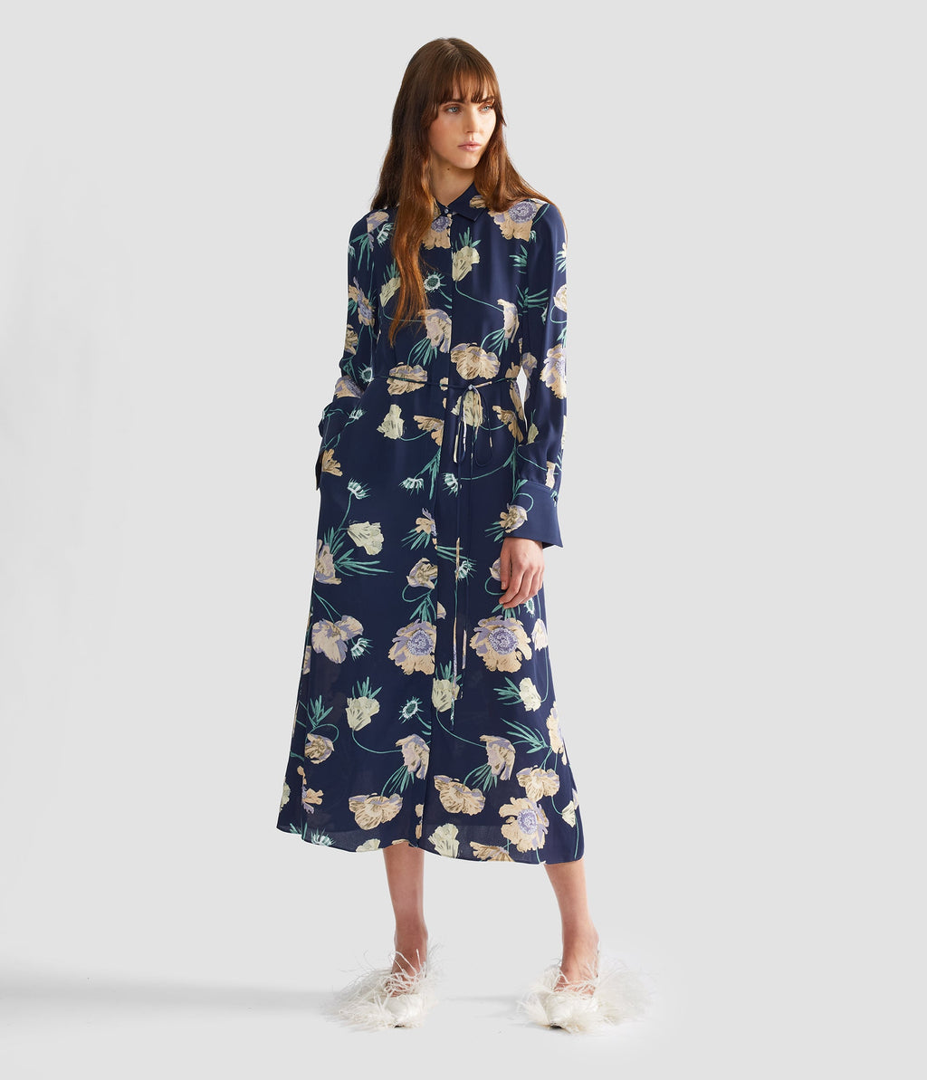 Floral Crepe Long Sleeve Midi Shirt Dress