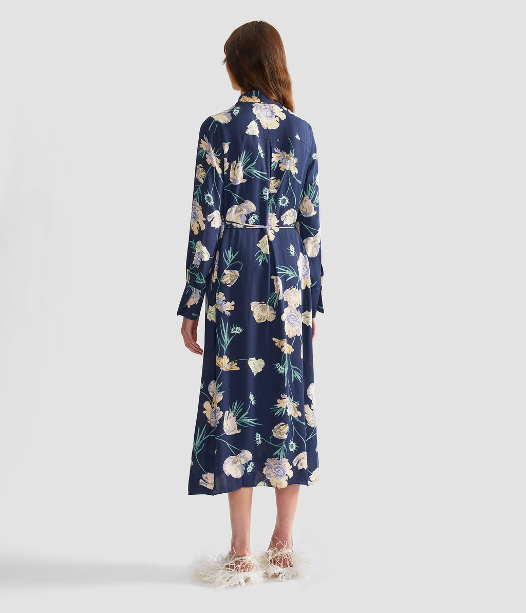 Floral Crepe Long Sleeve Midi Shirt Dress