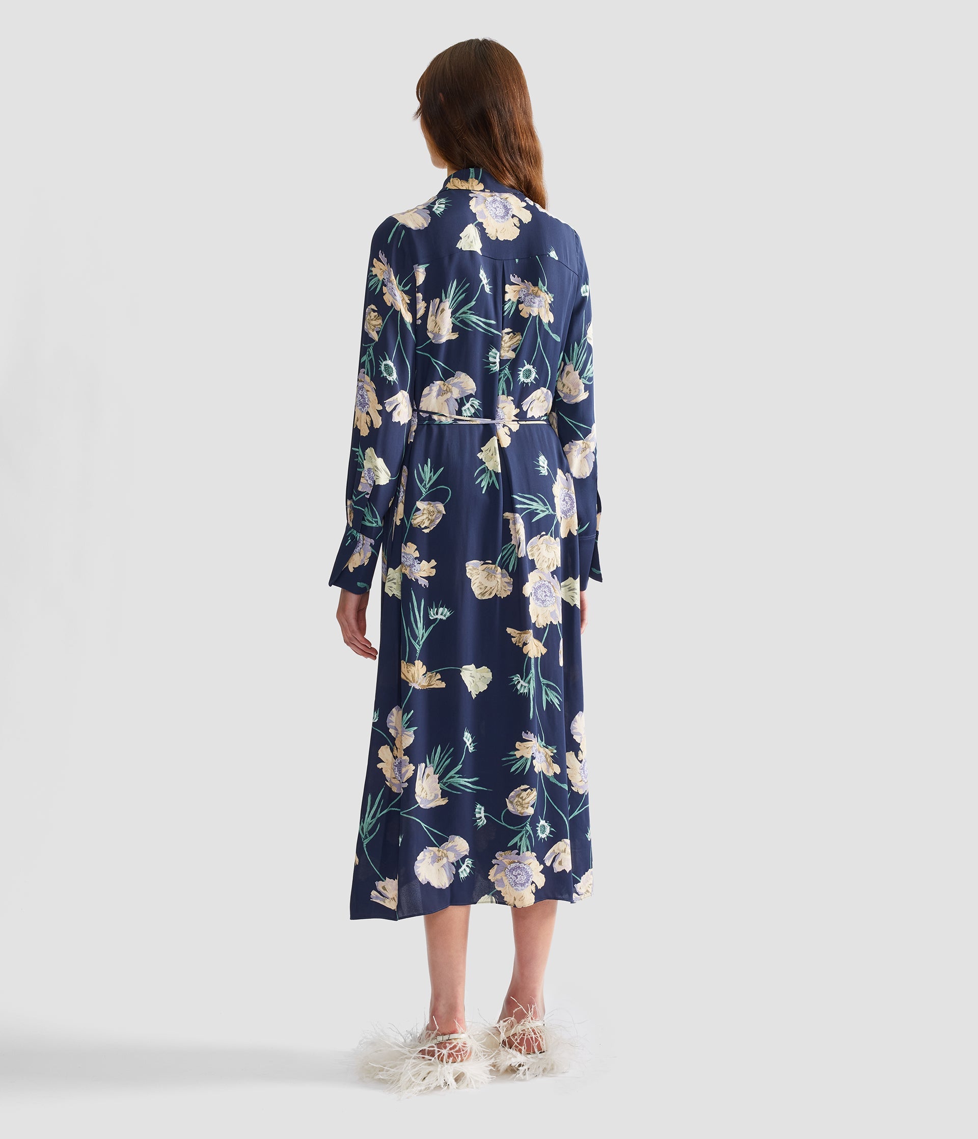 Floral Crepe Long Sleeve Midi Shirt Dress