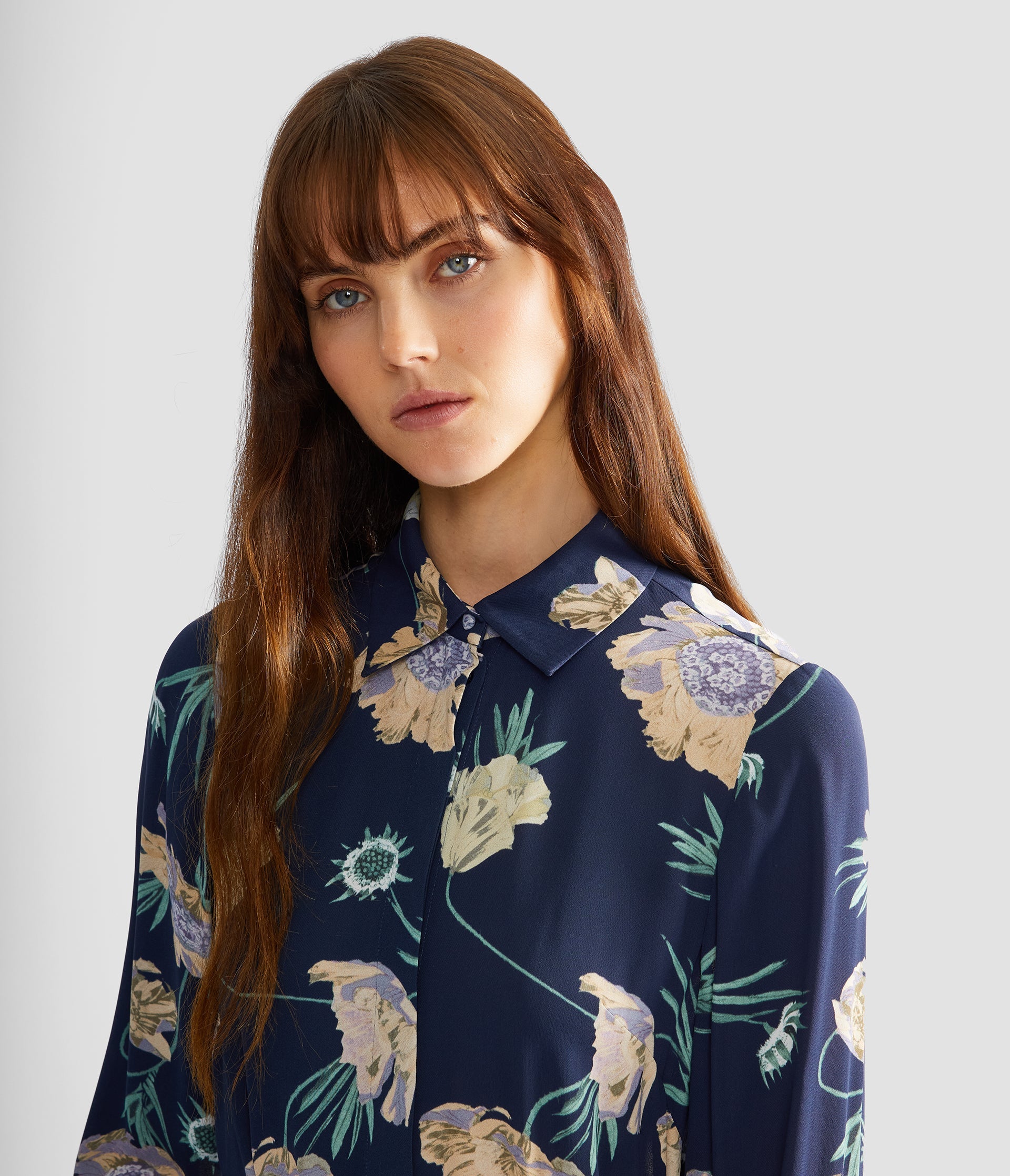 Floral Crepe Long Sleeve Midi Shirt Dress