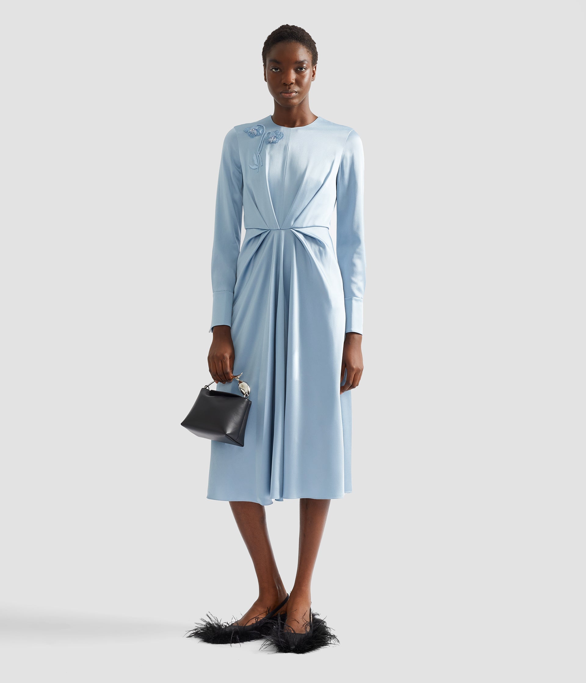 Embroidered Long Sleeve Draped Midi Dress