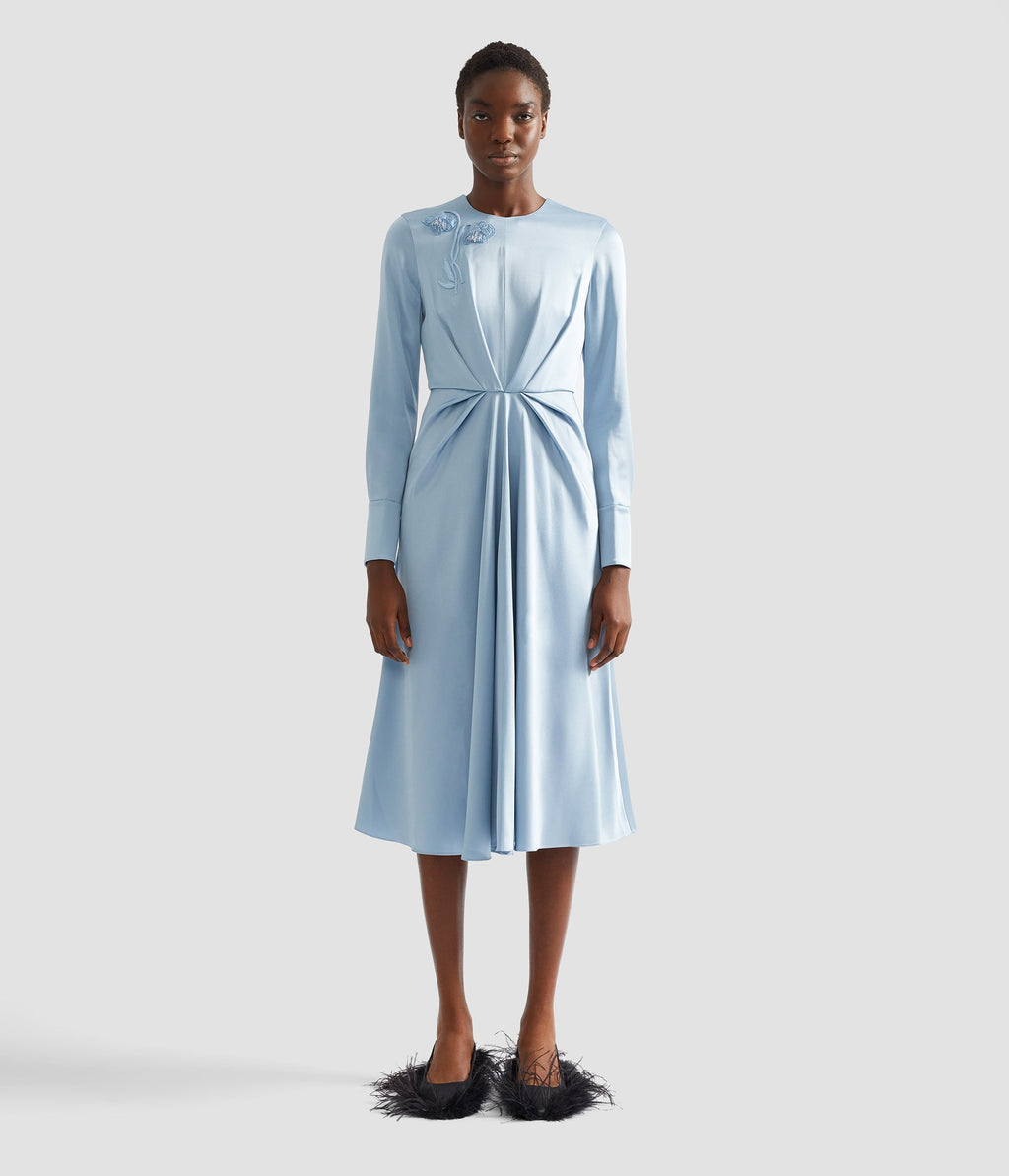 Embroidered Long Sleeve Draped Midi Dress