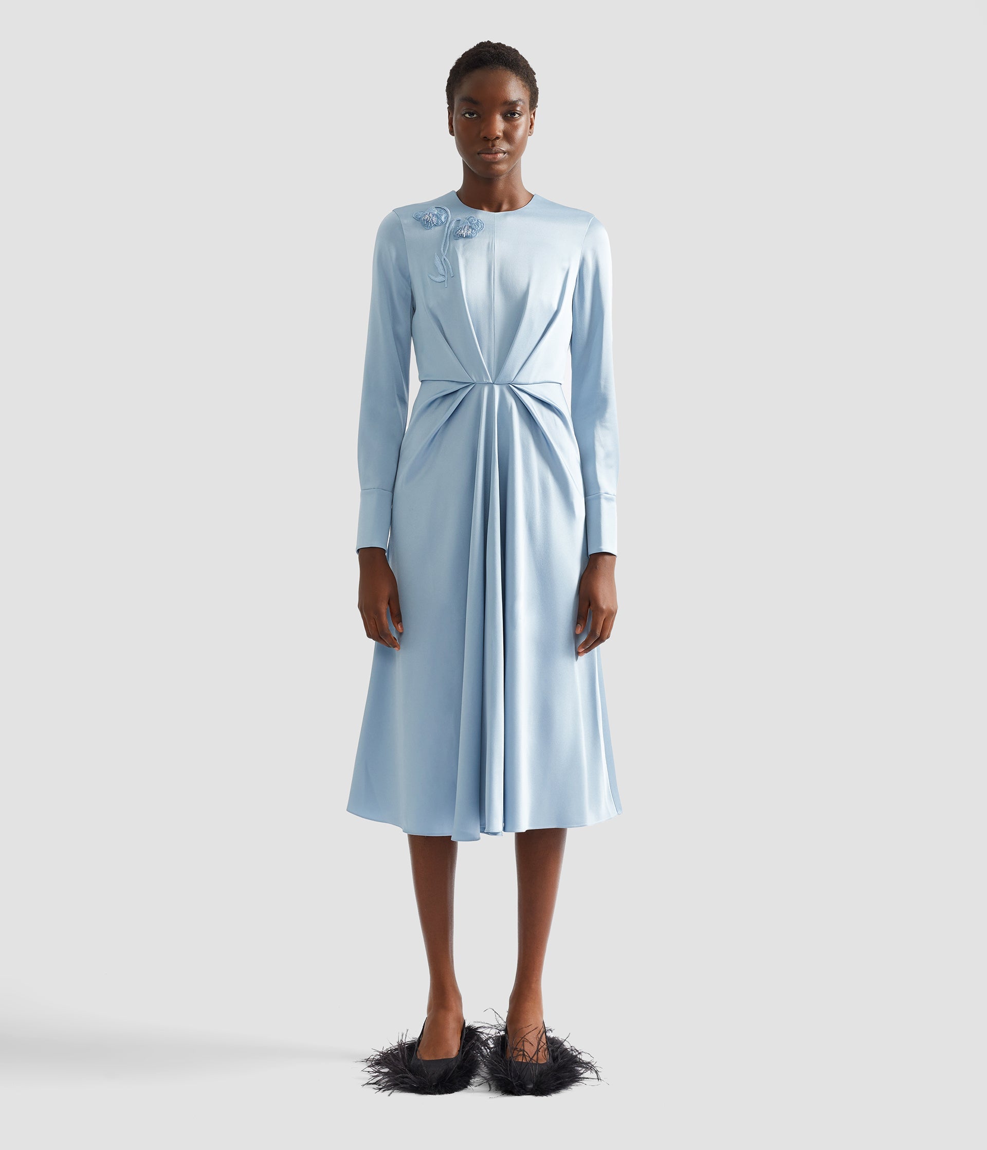 Embroidered Long Sleeve Draped Midi Dress