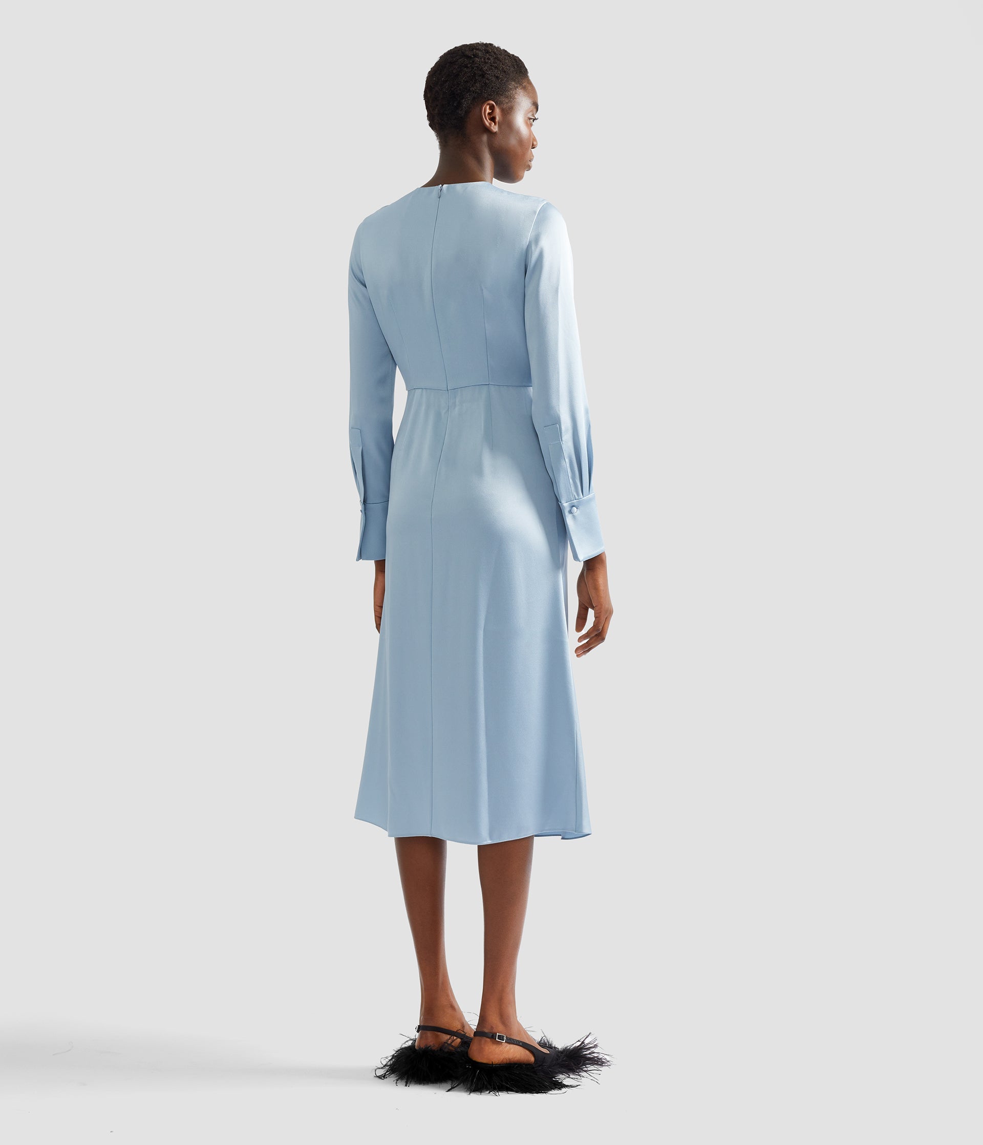 Embroidered Long Sleeve Draped Midi Dress