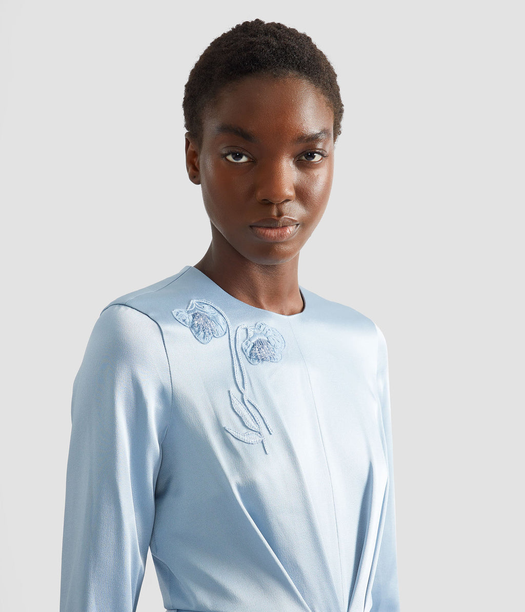 Embroidered Long Sleeve Draped Midi Dress