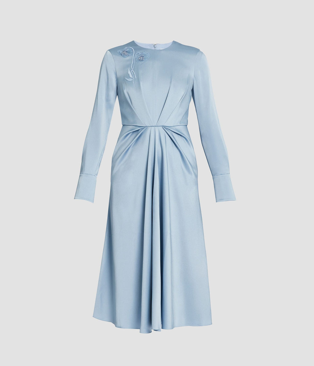 Embroidered Long Sleeve Draped Midi Dress