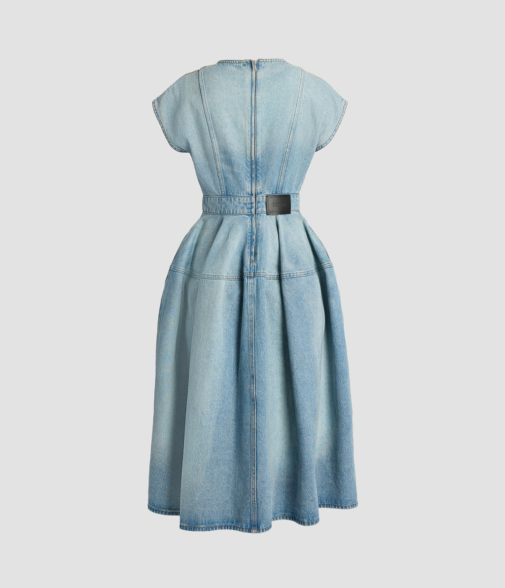 Embroidered Denim Short Sleeve Midi Dress