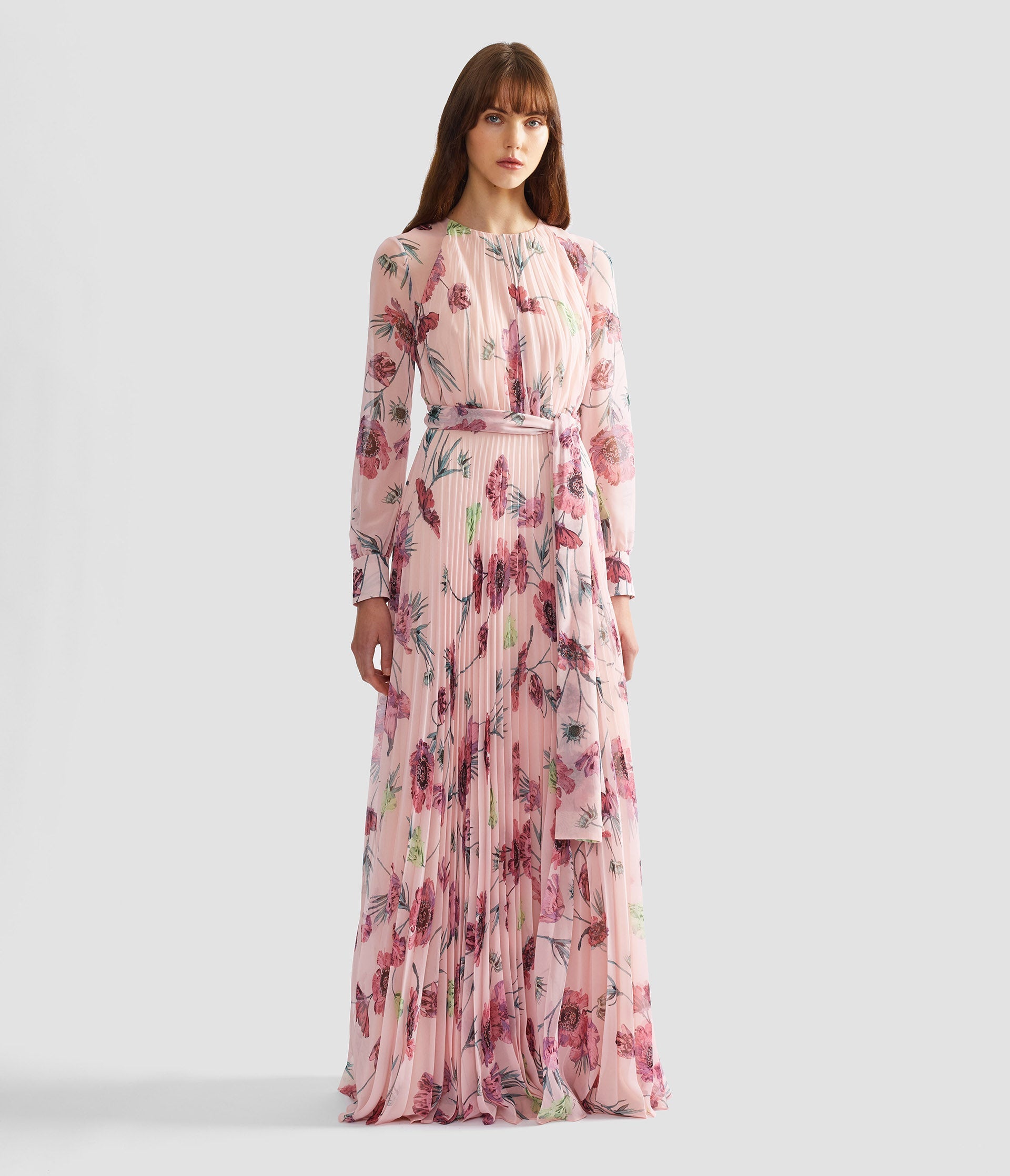 Floral Pleatable Voile Long Sleeve Gown