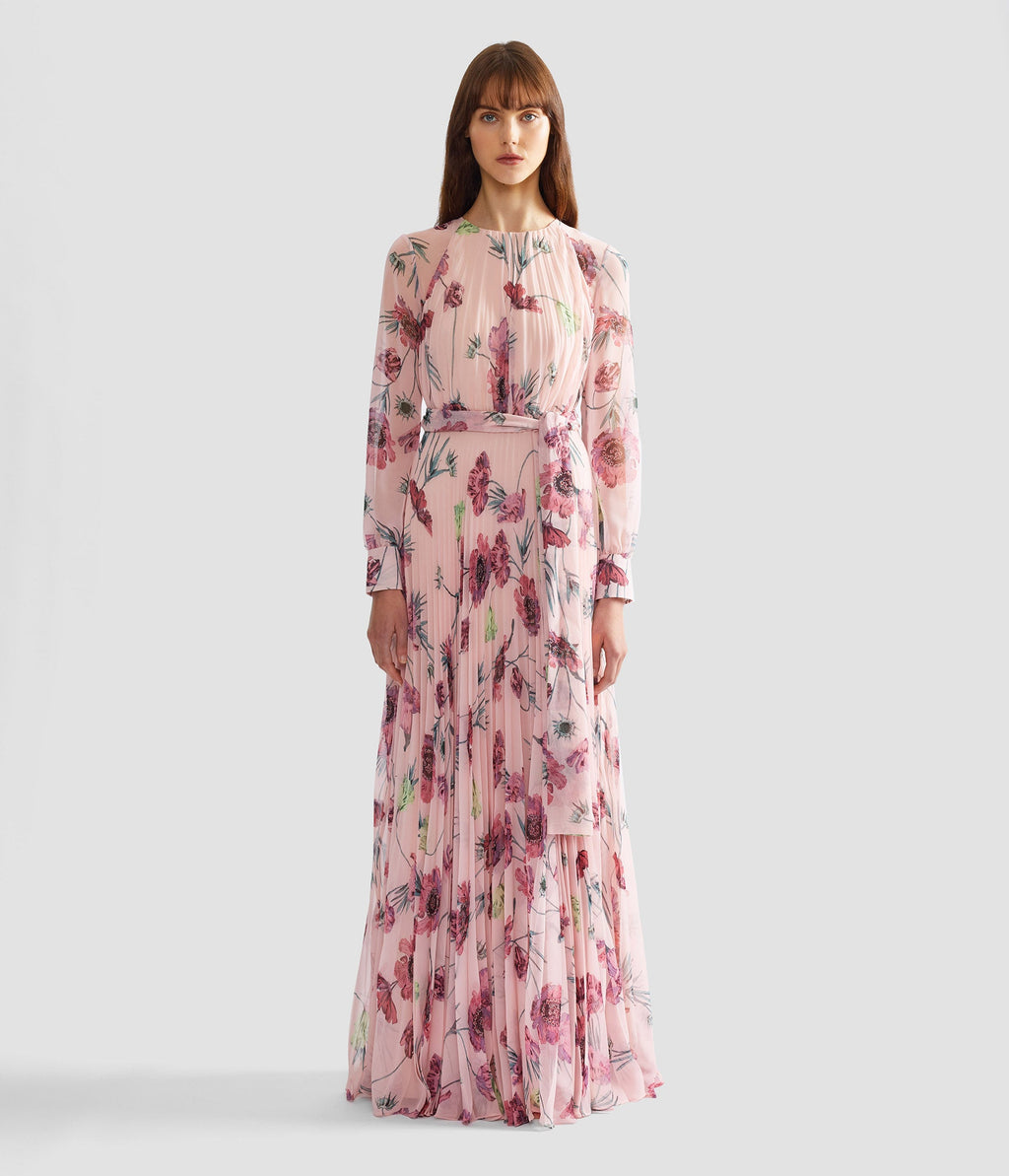 Floral Pleatable Voile Long Sleeve Gown