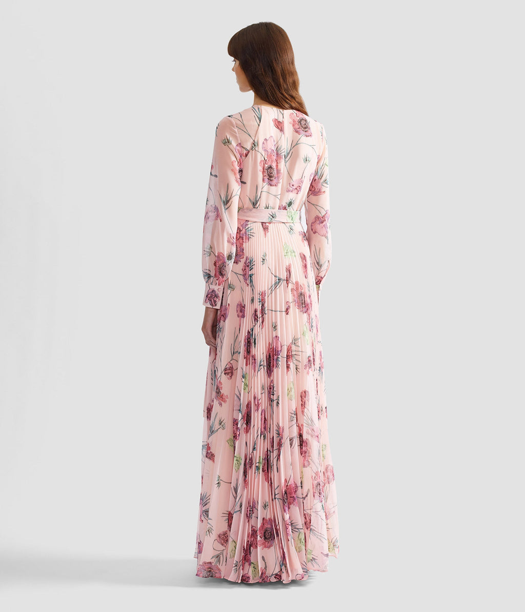 Floral Pleatable Voile Long Sleeve Gown