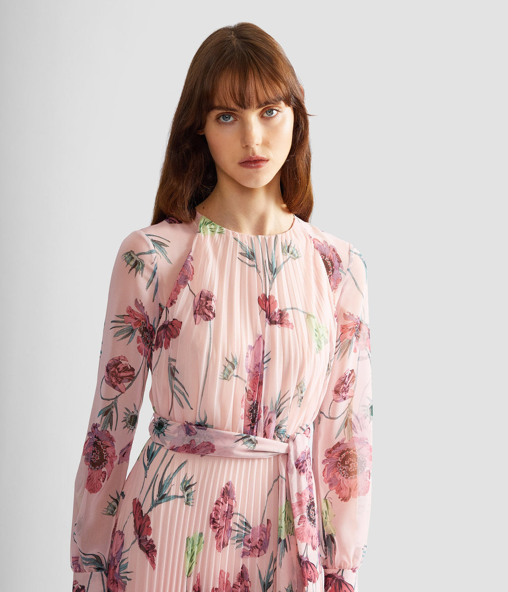 Floral Pleatable Voile Long Sleeve Gown