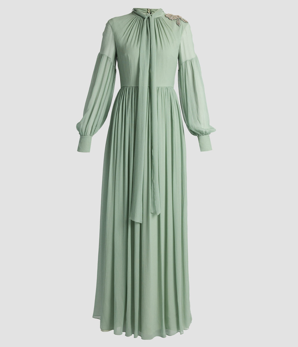 Embellished Silk Creponne Long Sleeve Gown