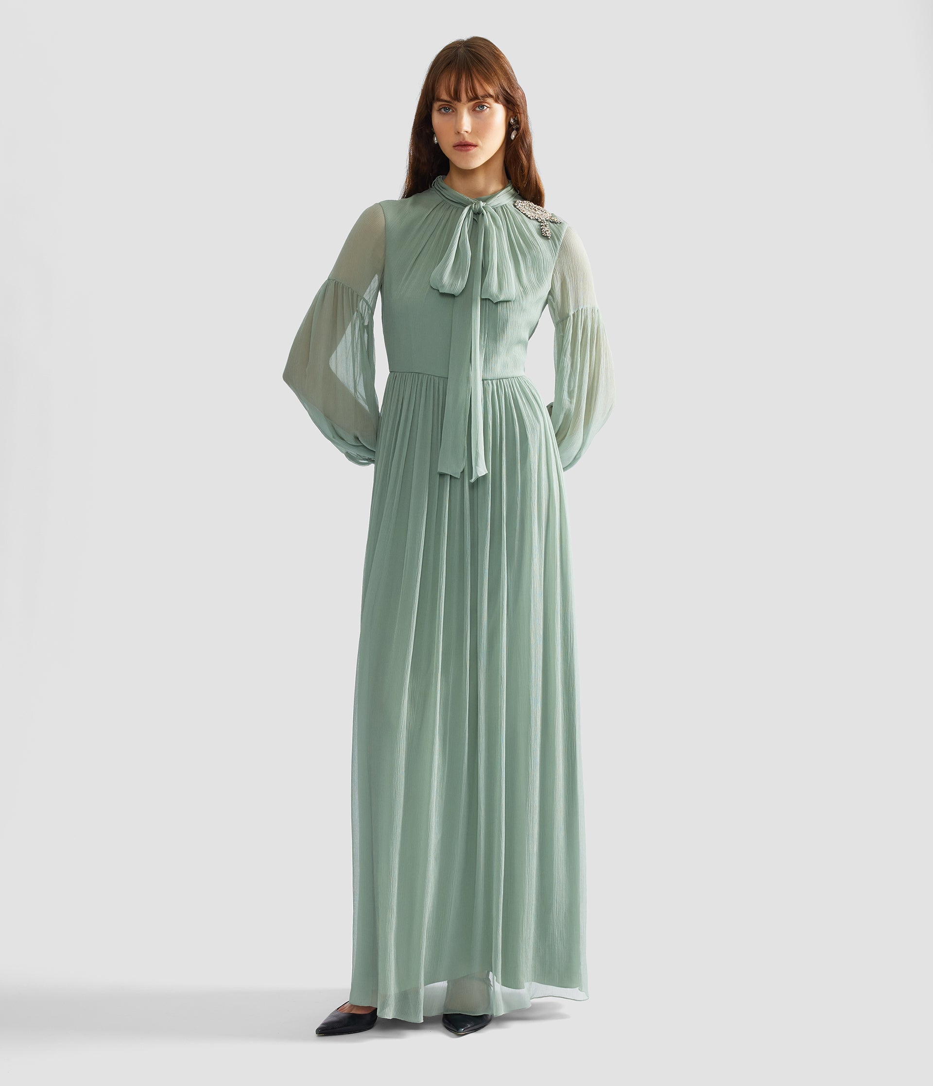 Embellished Silk Creponne Long Sleeve Gown