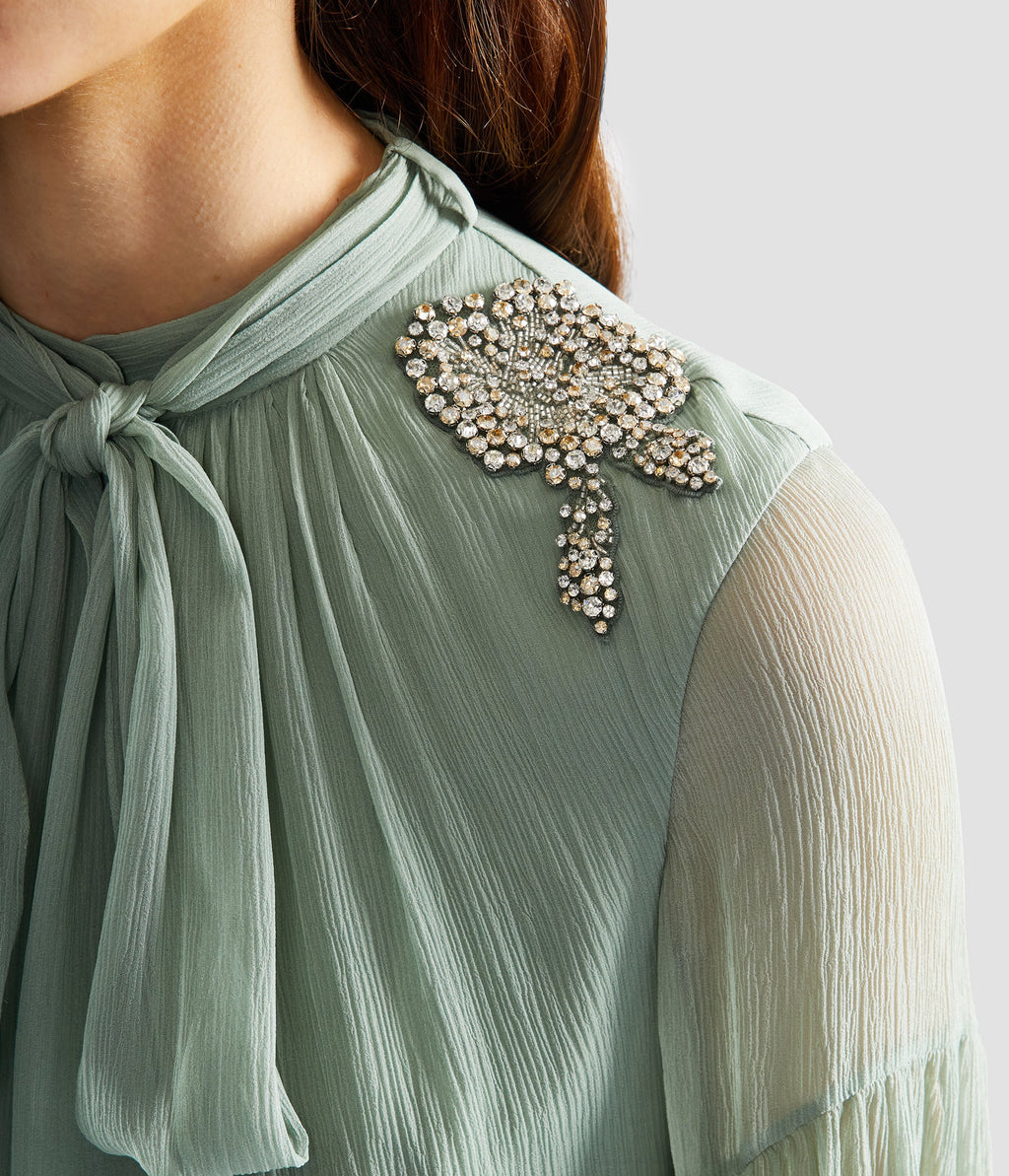 Embellished Silk Creponne Long Sleeve Gown