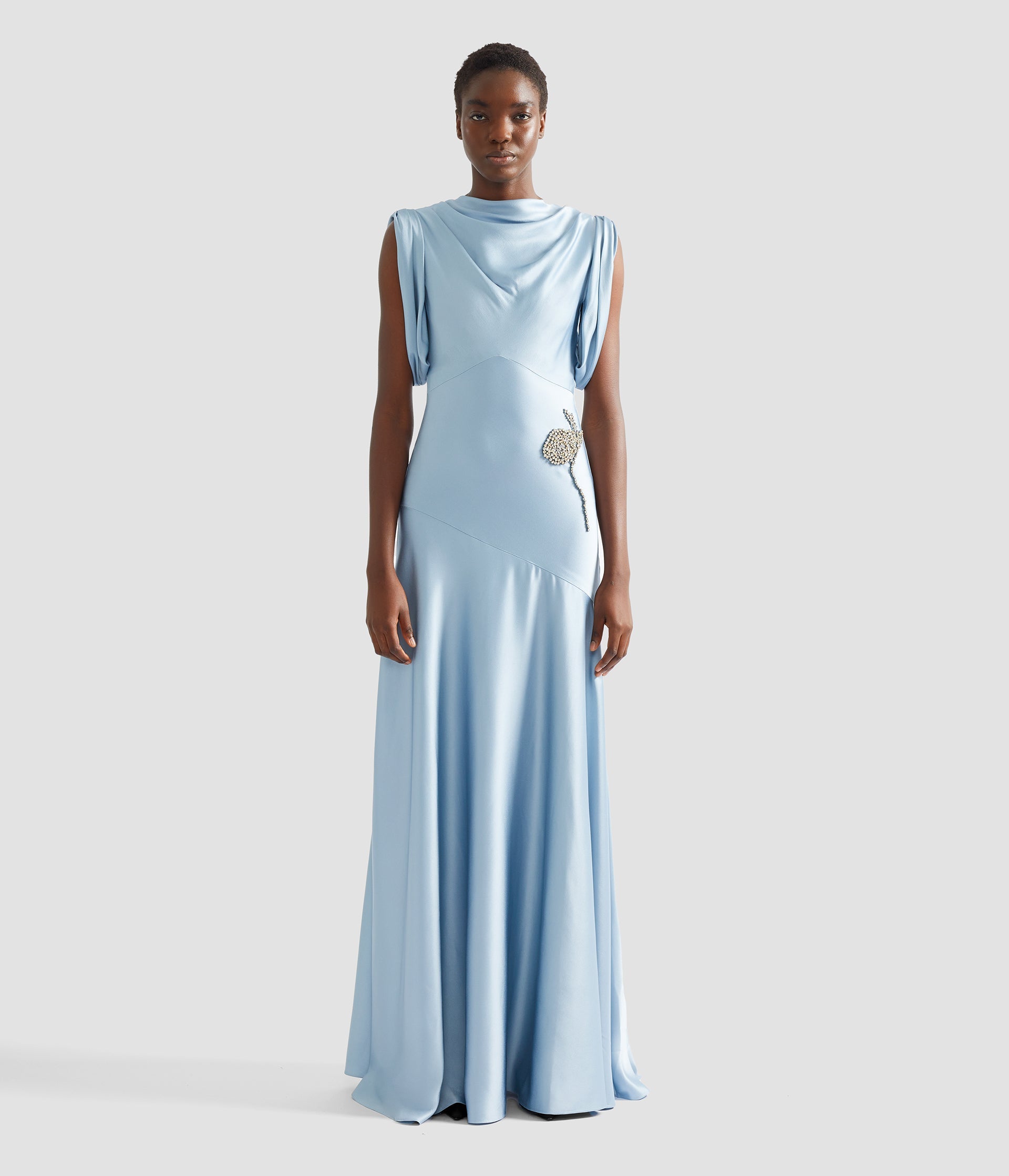 Embroidered Satin Sleeveless Gown