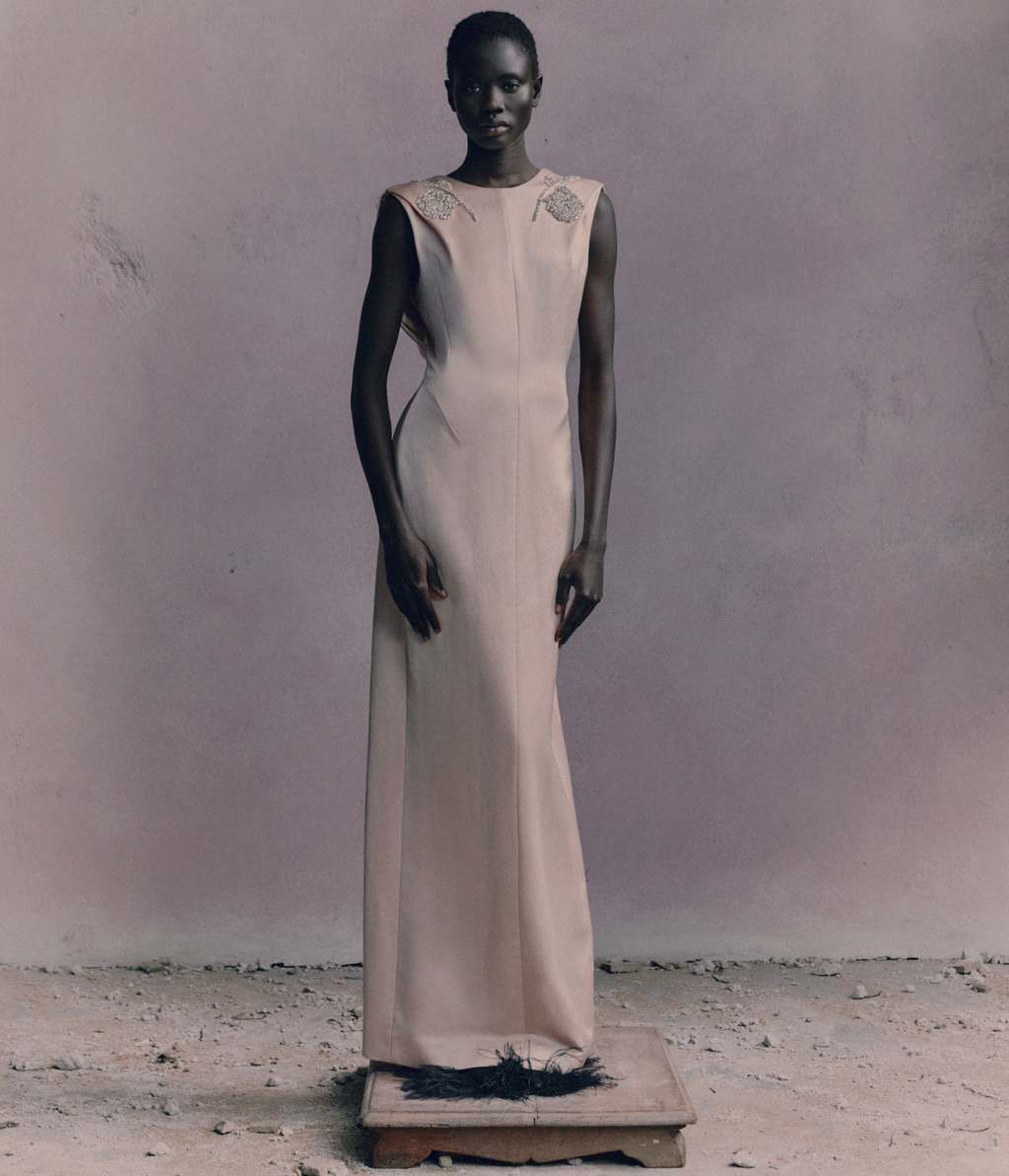 Embroidered Heavy Satin Sleeveless Draped Gown