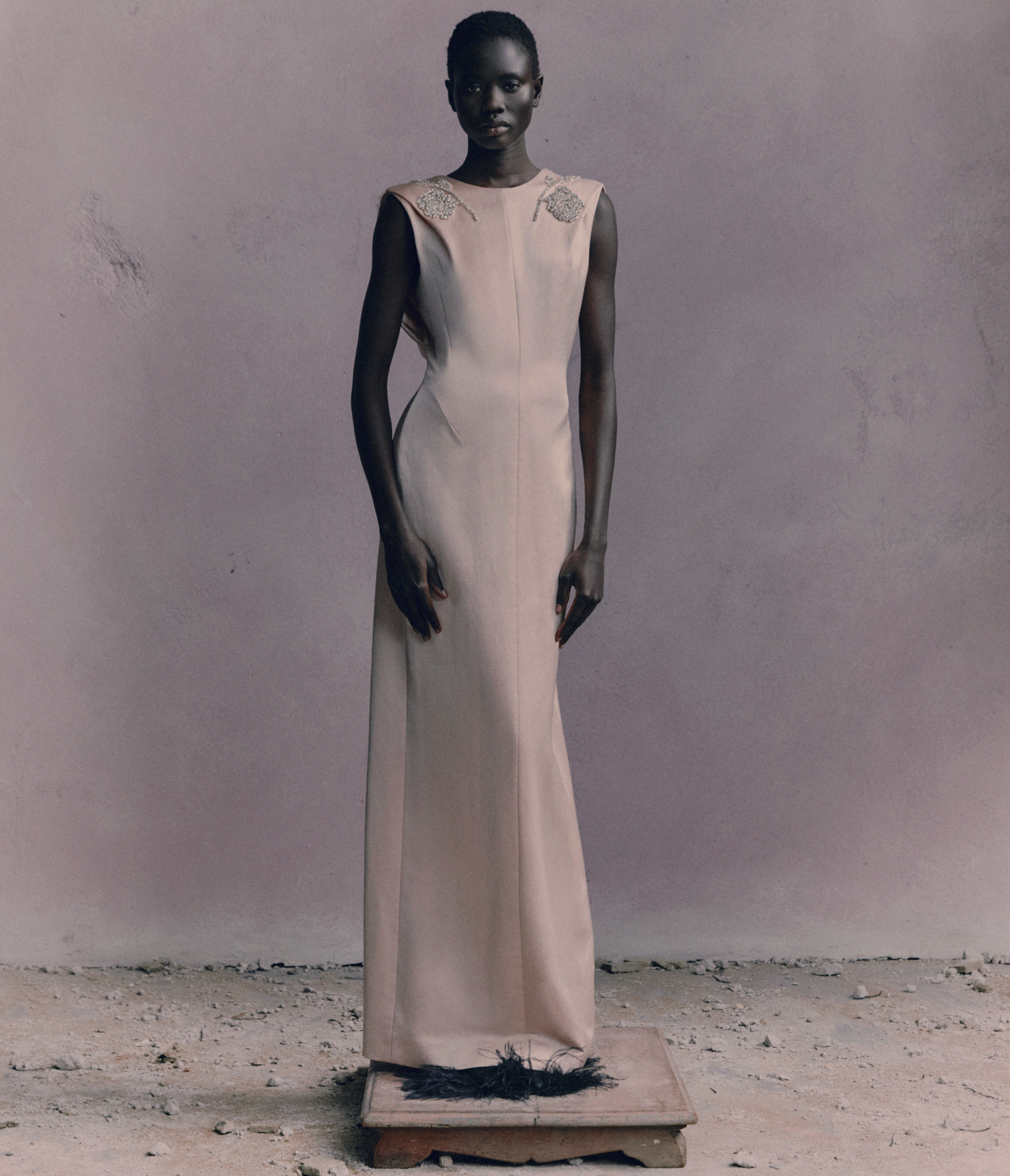 Embroidered Heavy Satin Sleeveless Draped Gown
