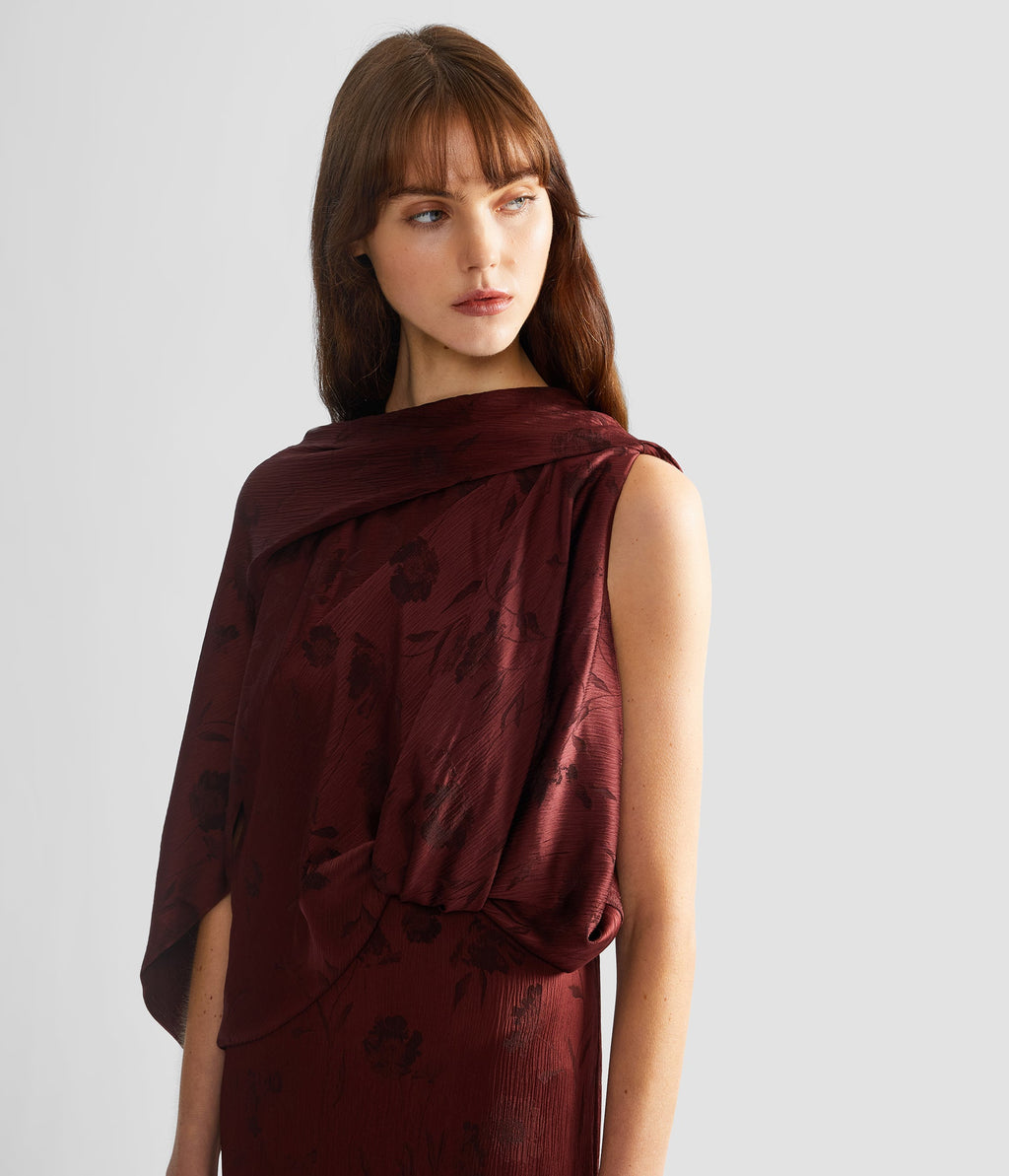 Floral Creponne Jacquard Drape Gown