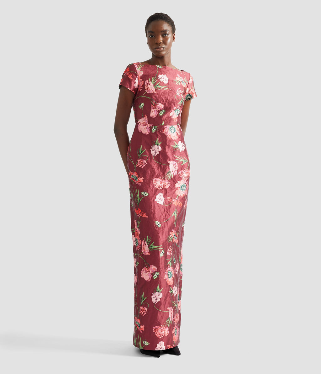 Floral Textured Satin Short Sleeve Gown