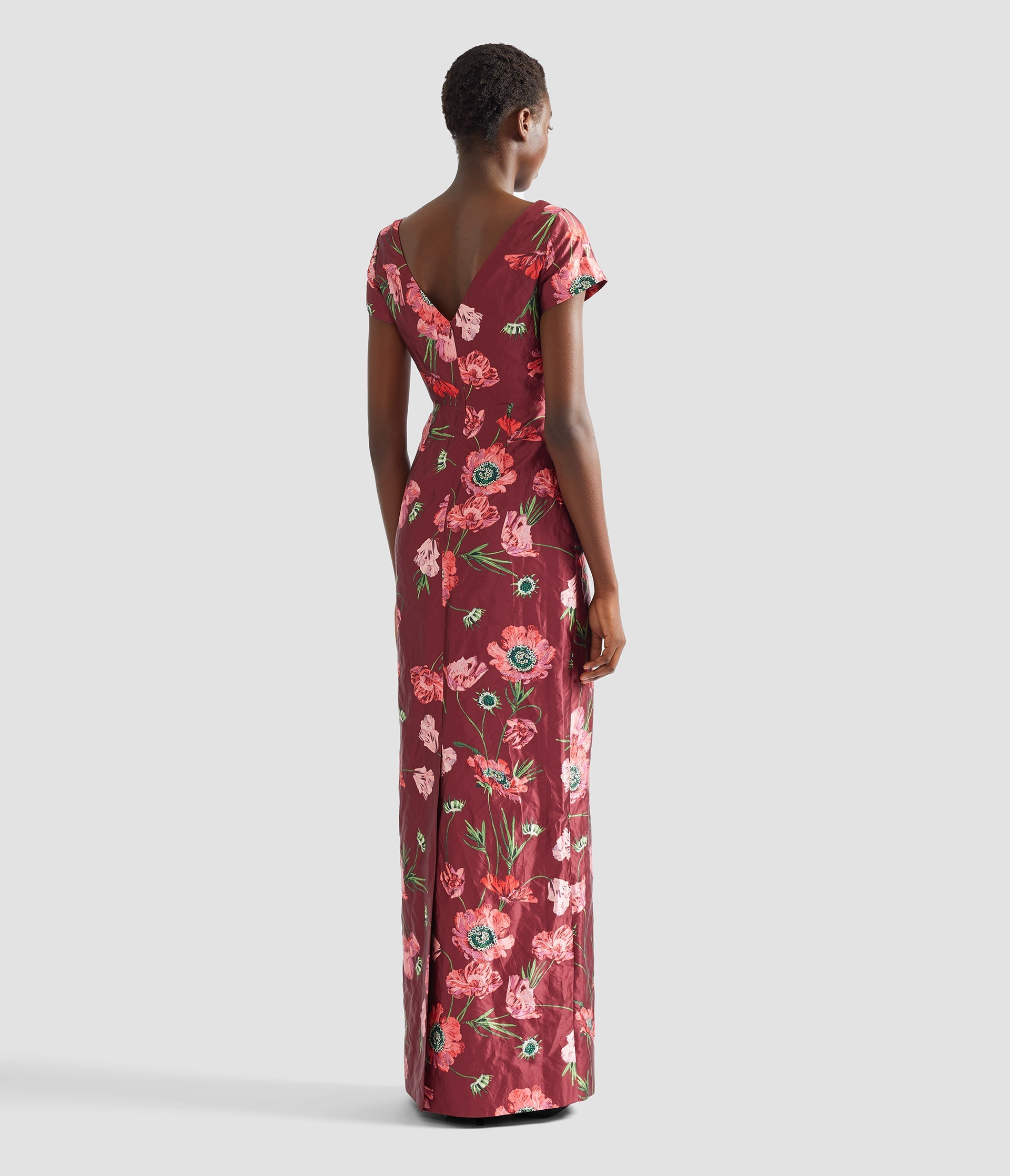 Floral Textured Satin Short Sleeve Gown