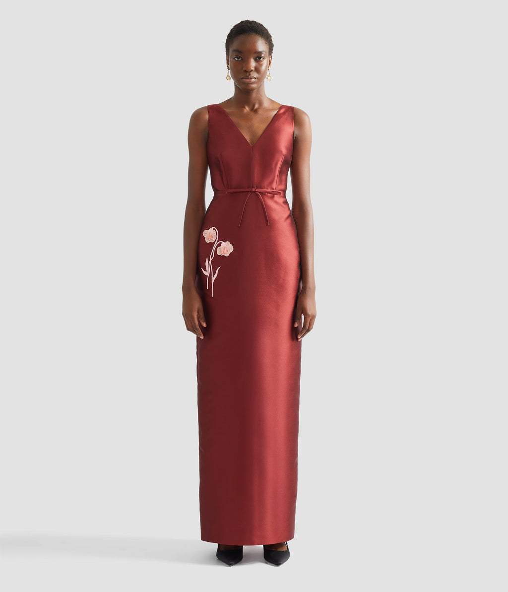 Embroidered Mikado Pencil Gown