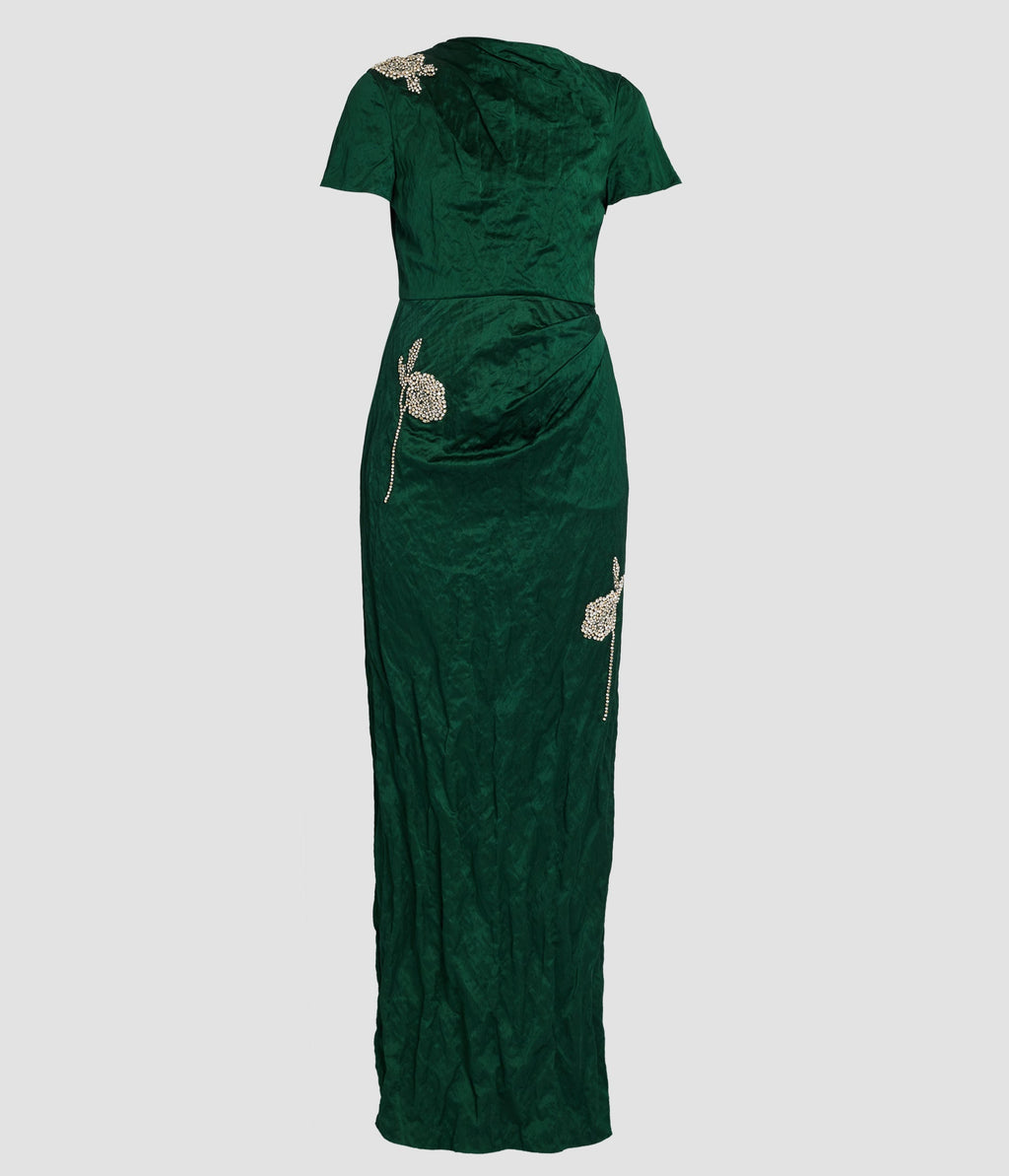 Embroidered Textured Satin Short Sleeve Gown