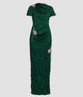 Embroidered Textured Satin Short Sleeve Gown