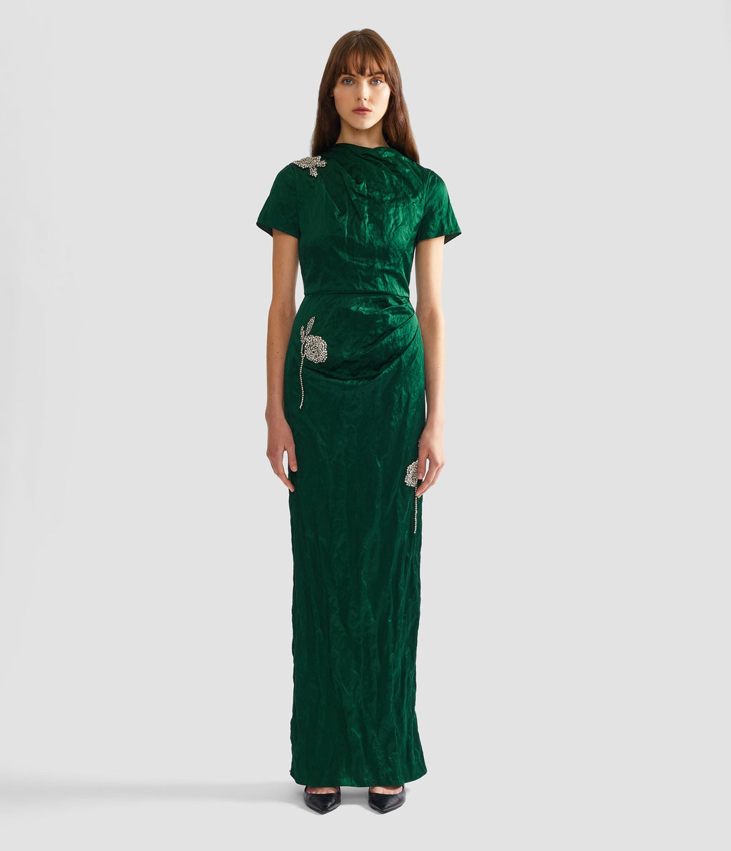 Embroidered Textured Satin Short Sleeve Gown