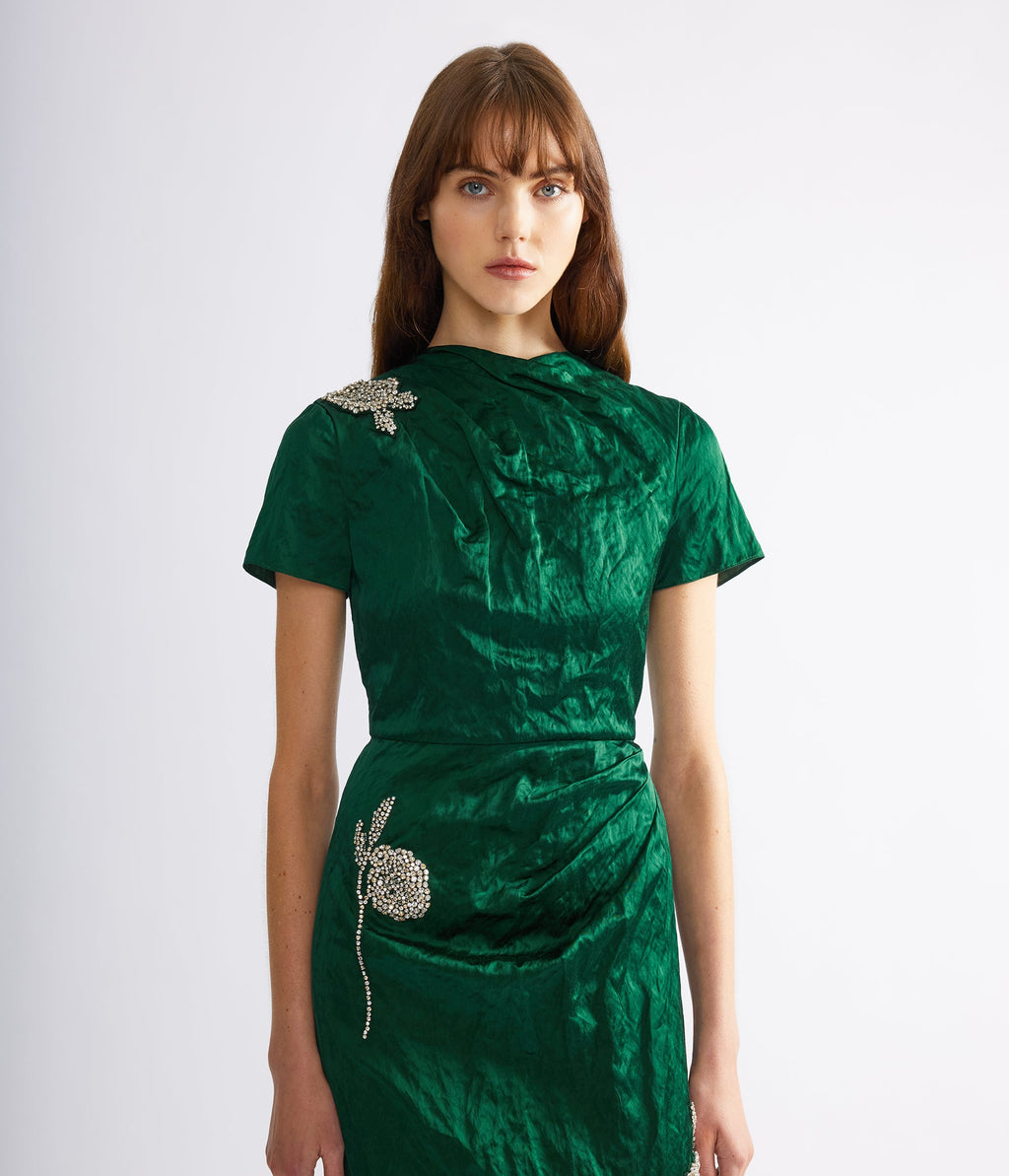 Embroidered Textured Satin Short Sleeve Gown