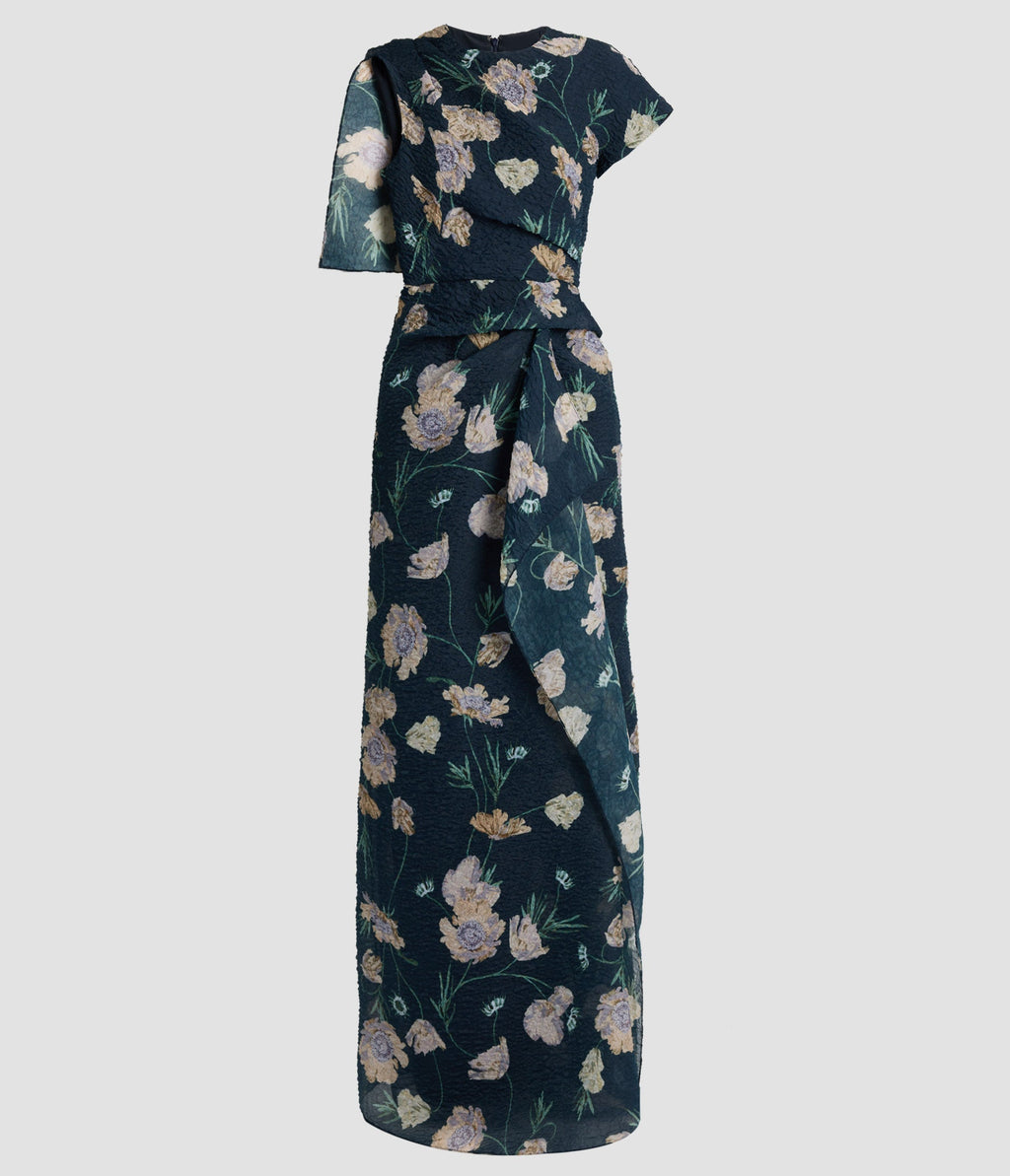 Floral Organza Cloque Asymmetric Gown