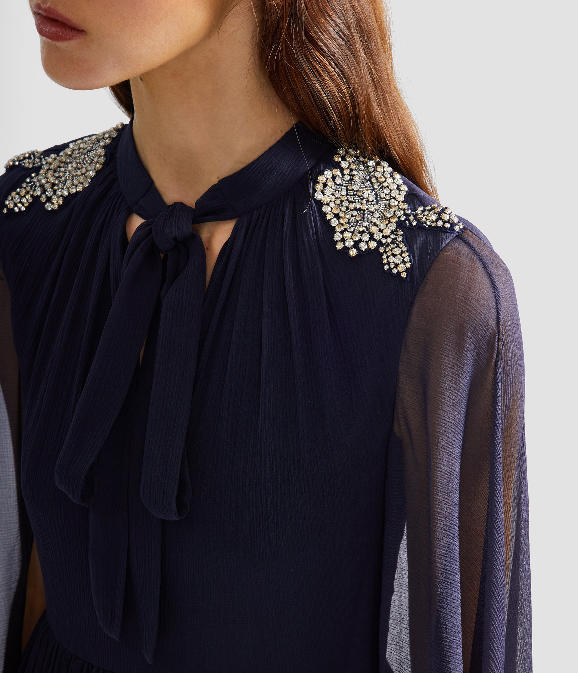Embroidered Creponne Long Sleeve Gown