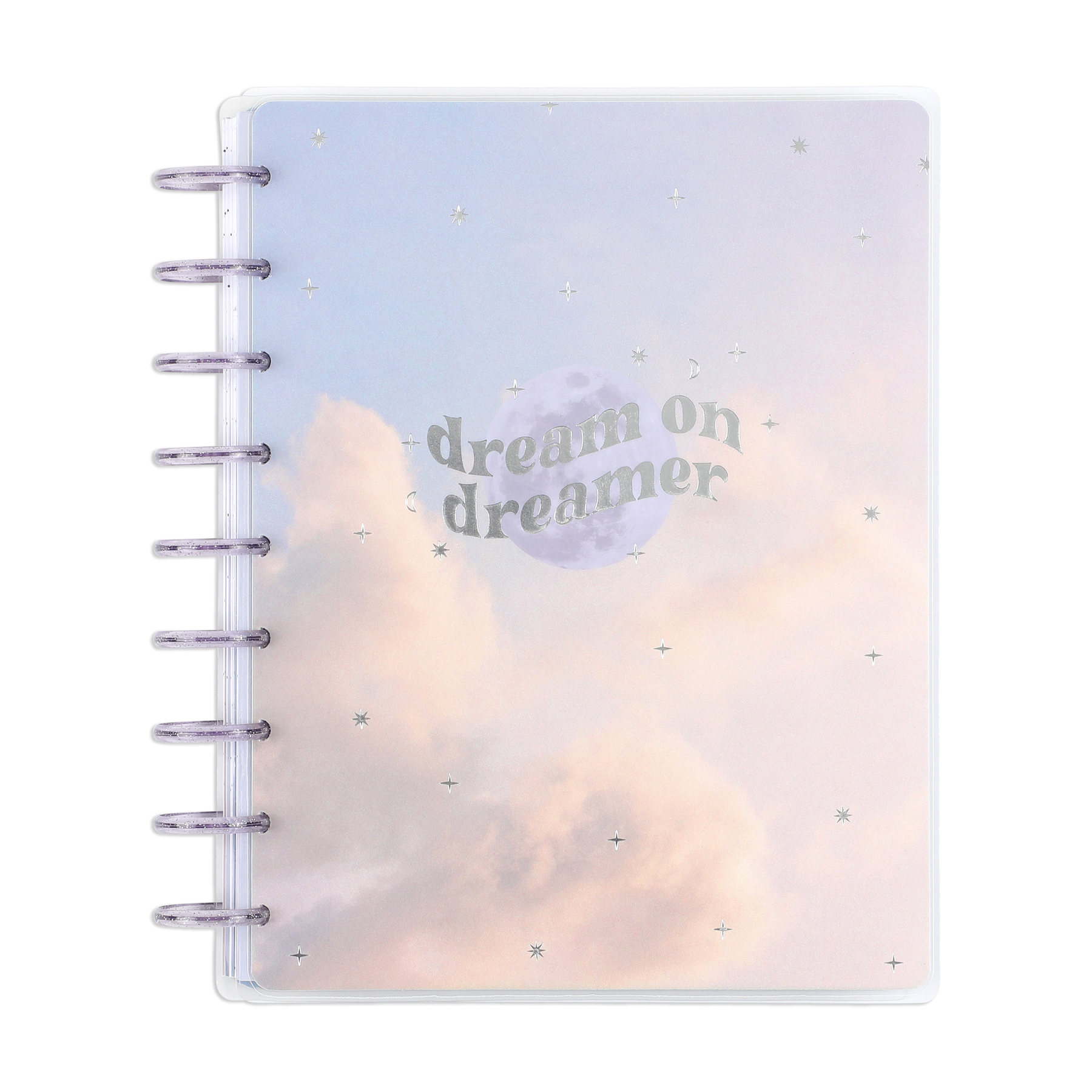Cover of the Undated Canyon Sunrise Happy Planner - Classic Horizontal Layout - 12 Months featuring a dreamy sky background with clouds, stars, moon, and the words "dream on dreamer" in silver foil.