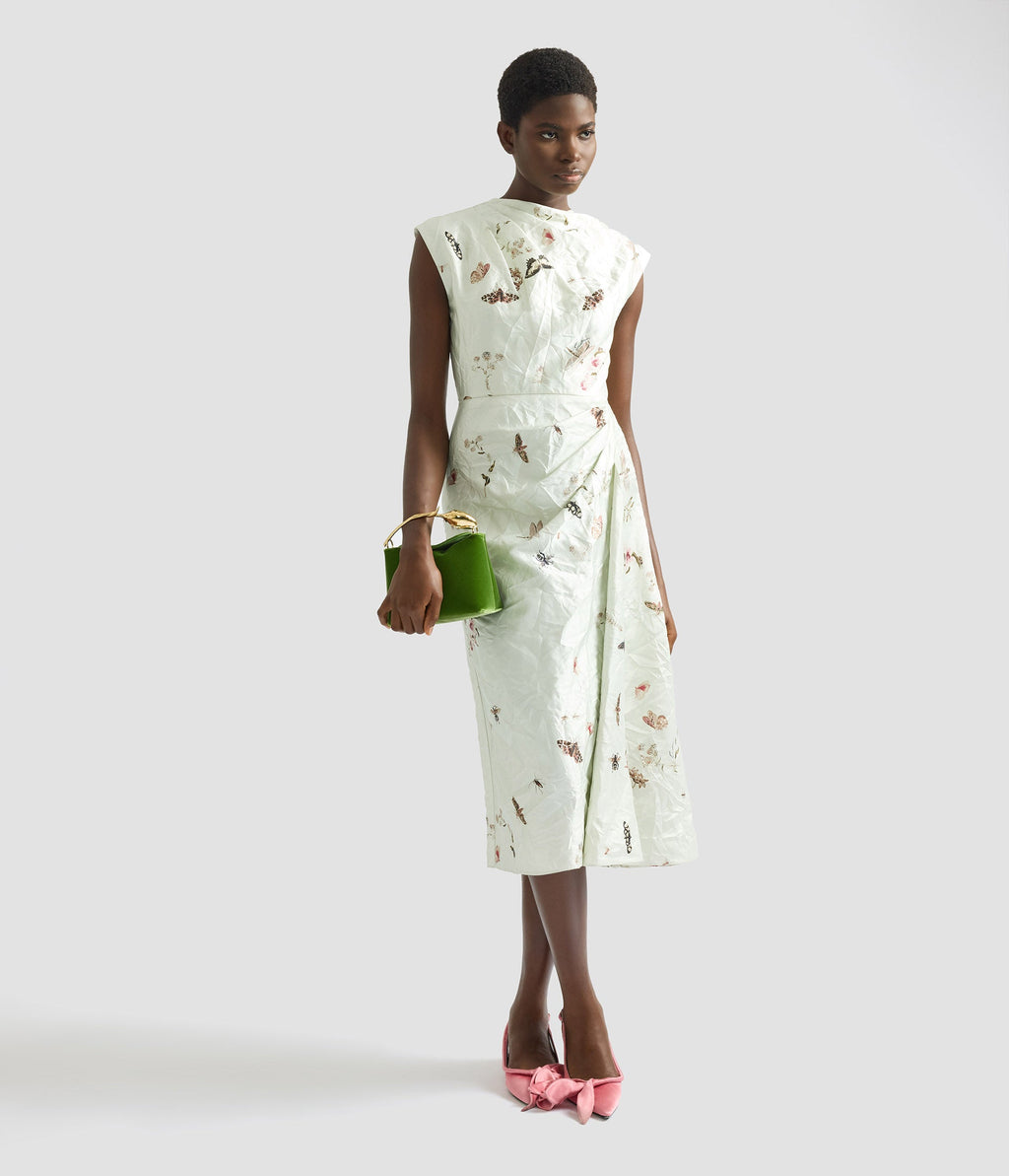 Draped Printed Textured Satin Midi Dress