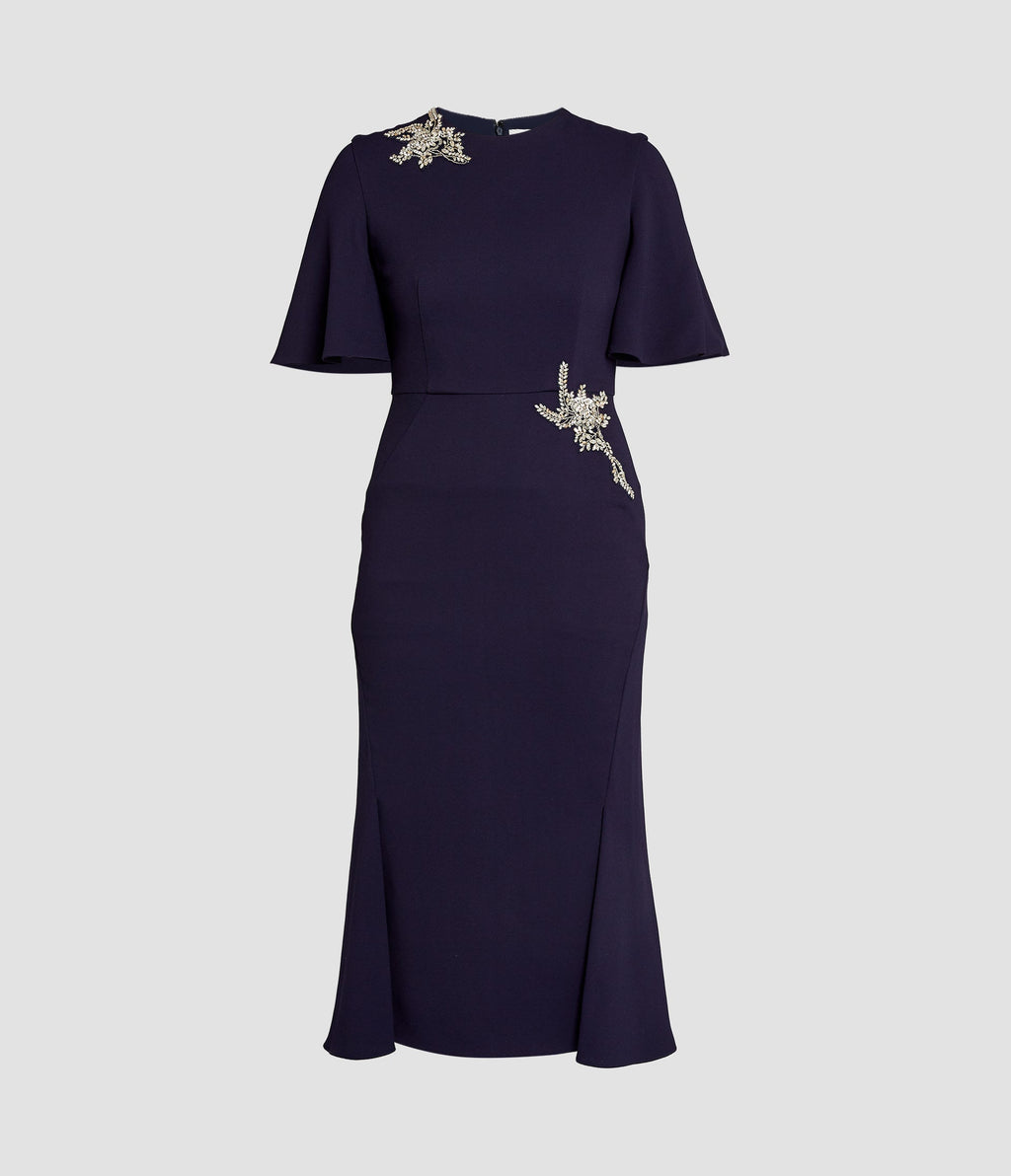 Embellished Sable Short Sleeve Midi Dress