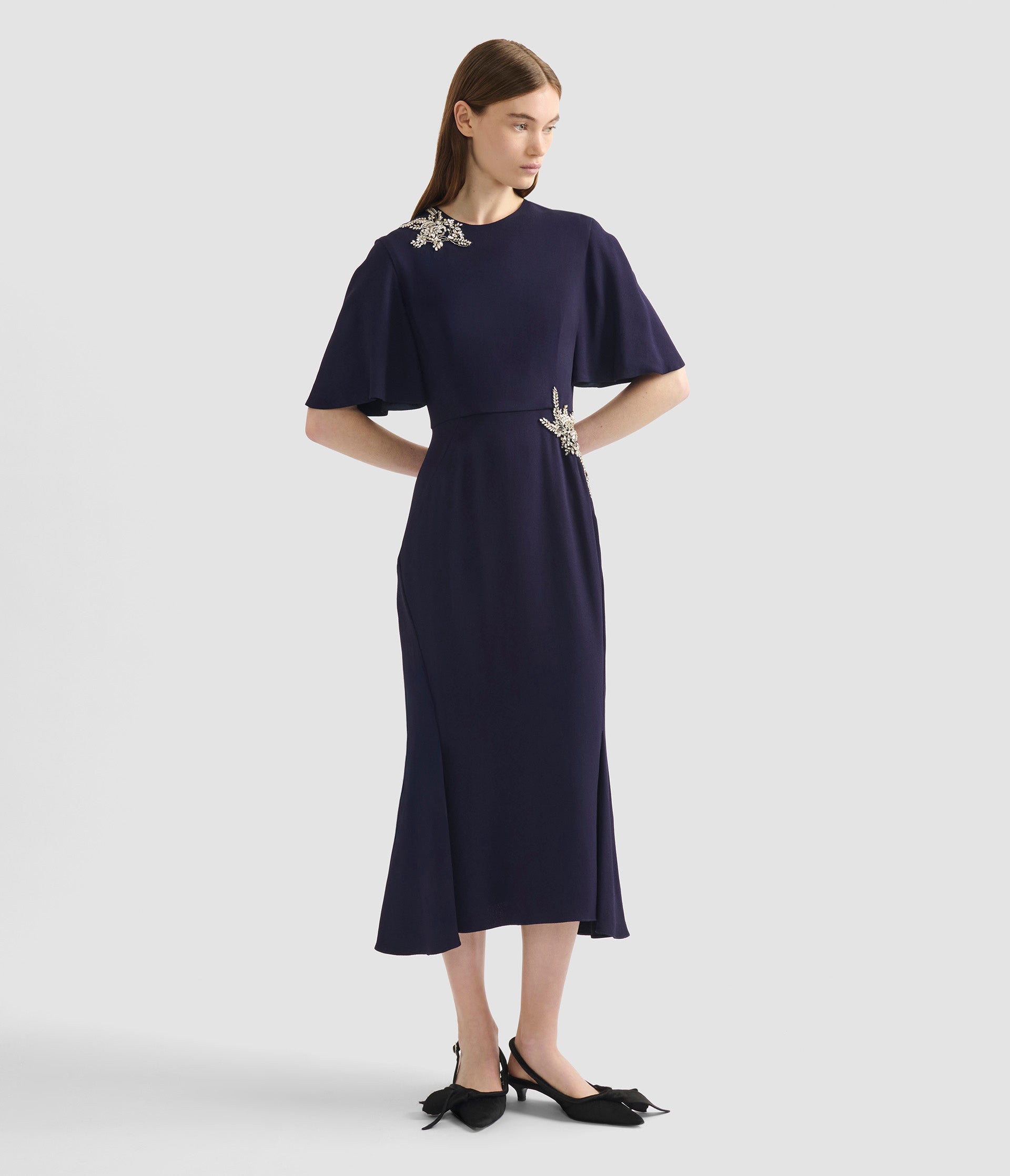 Embellished Sable Short Sleeve Midi Dress