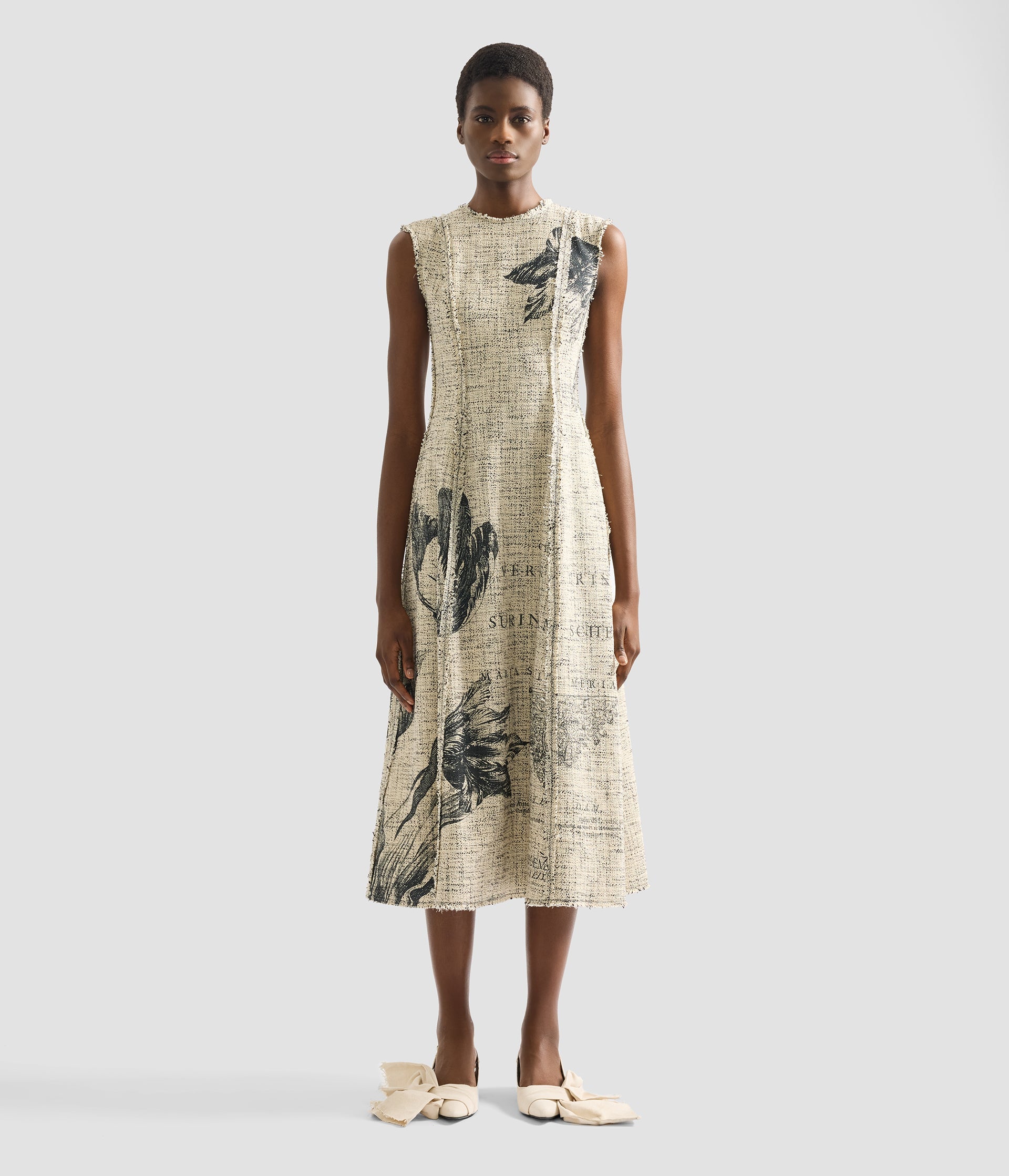 Floral Print Mouline Tweed Sleeveless Midi Dress