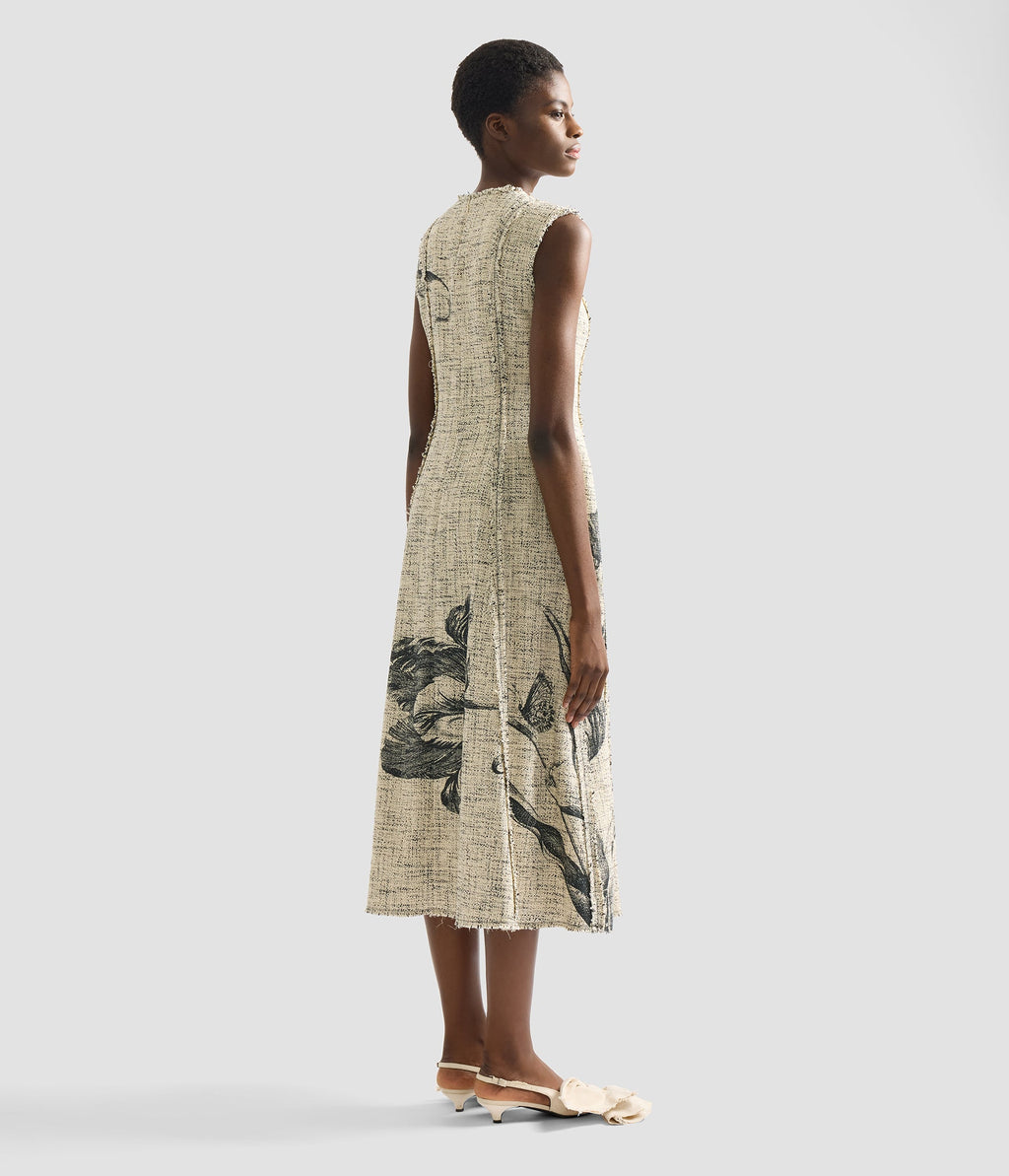 Floral Print Mouline Tweed Sleeveless Midi Dress