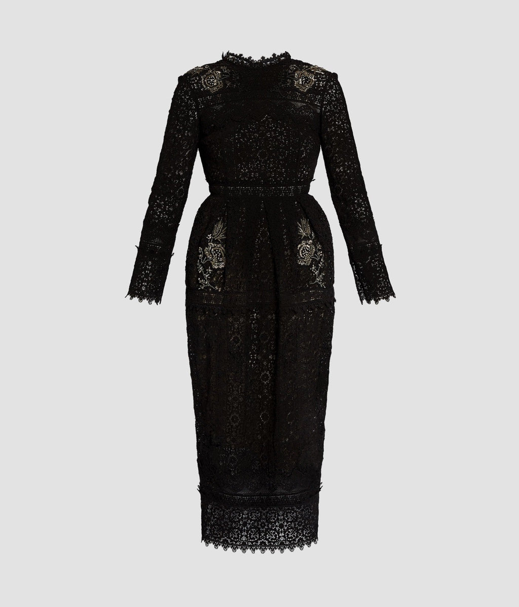 Embellished Guipure Long Sleeve Midi Dress