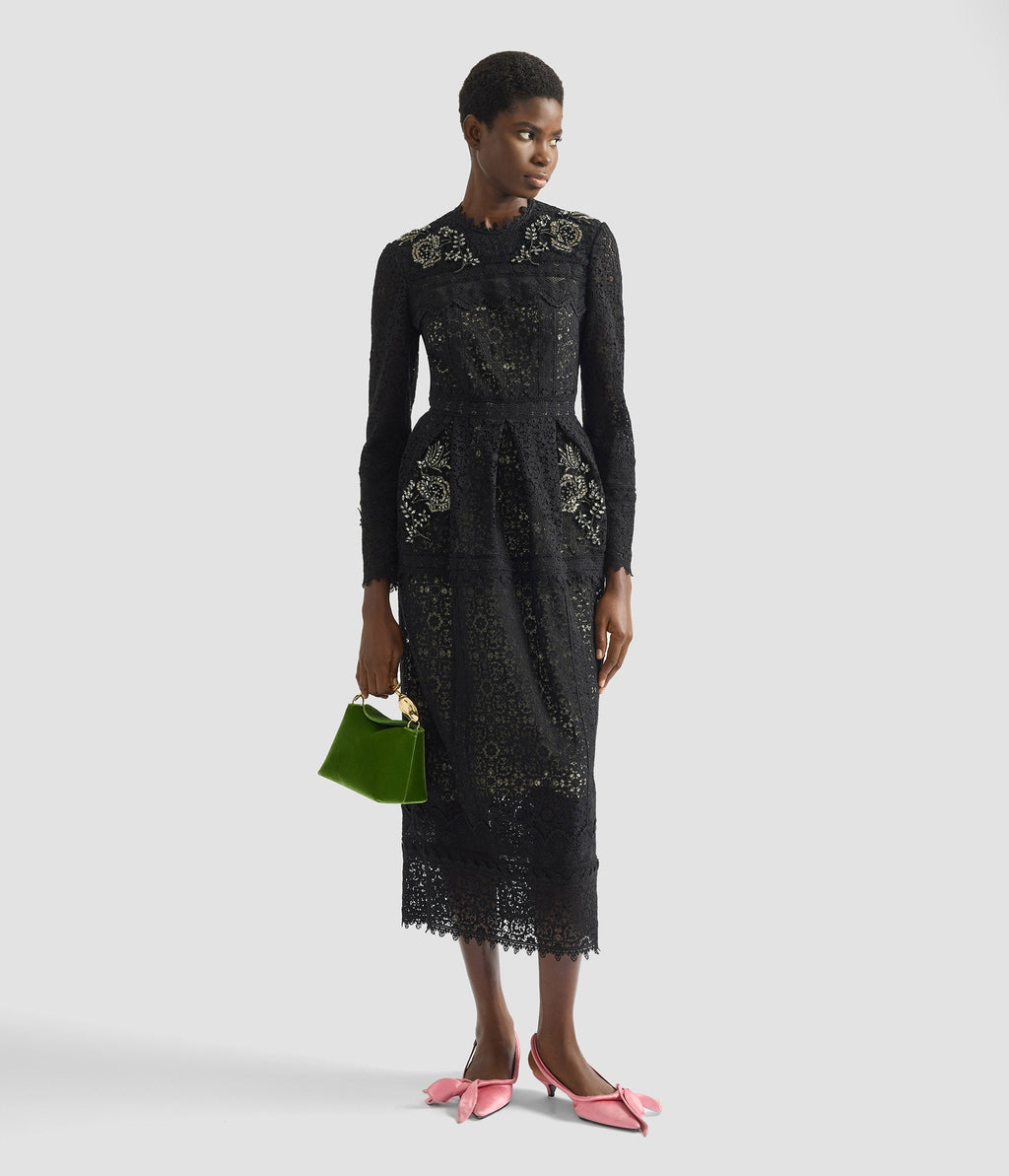 Embellished Guipure Long Sleeve Midi Dress