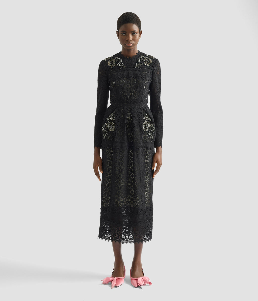 Embellished Guipure Long Sleeve Midi Dress