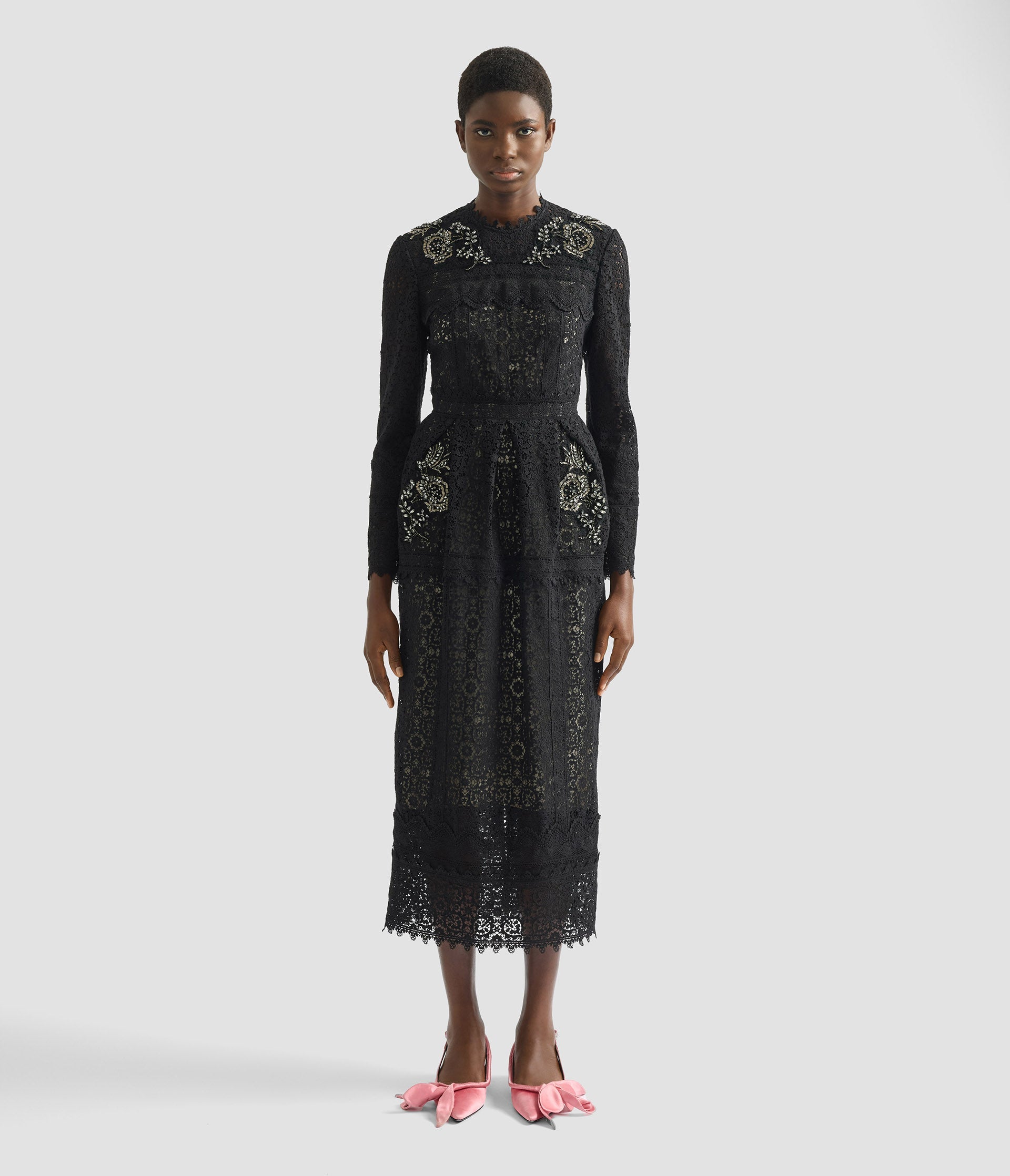 Embellished Guipure Long Sleeve Midi Dress