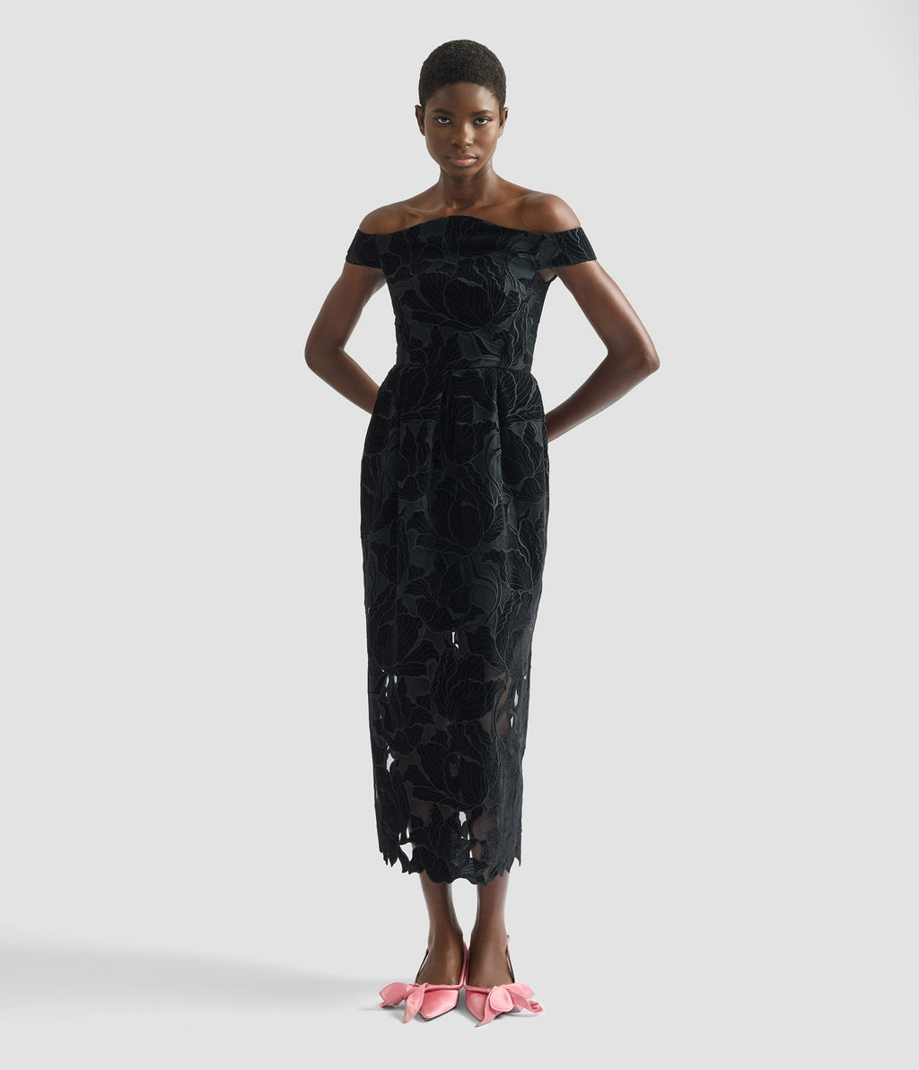 Floral Cutwork Off-The-Shoulder Midi Dress