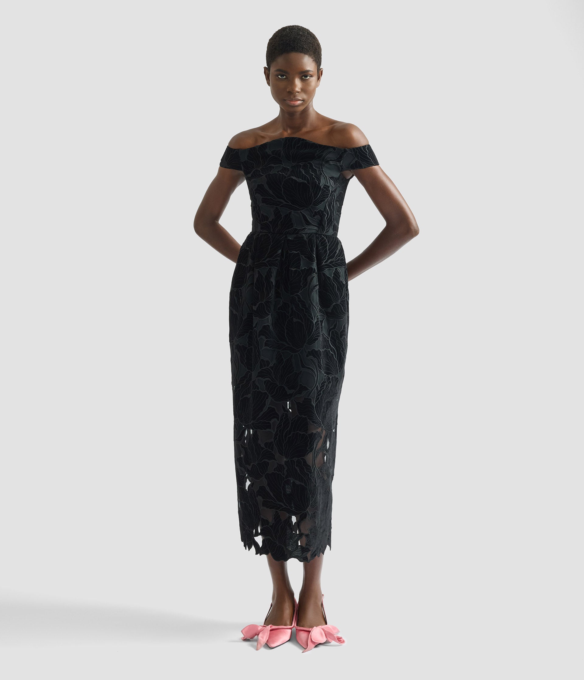 Floral Cutwork Off-The-Shoulder Midi Dress