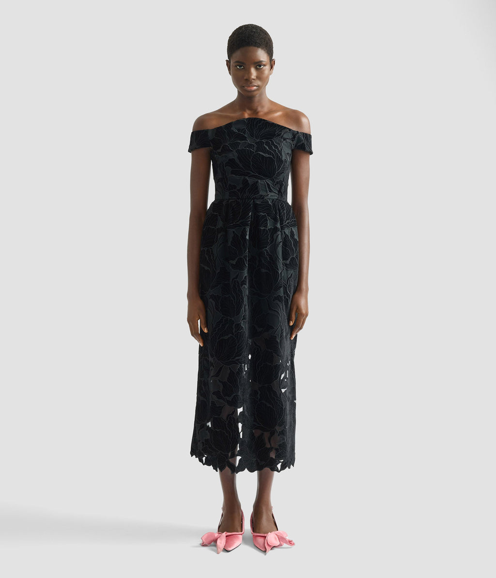 Floral Cutwork Off-The-Shoulder Midi Dress