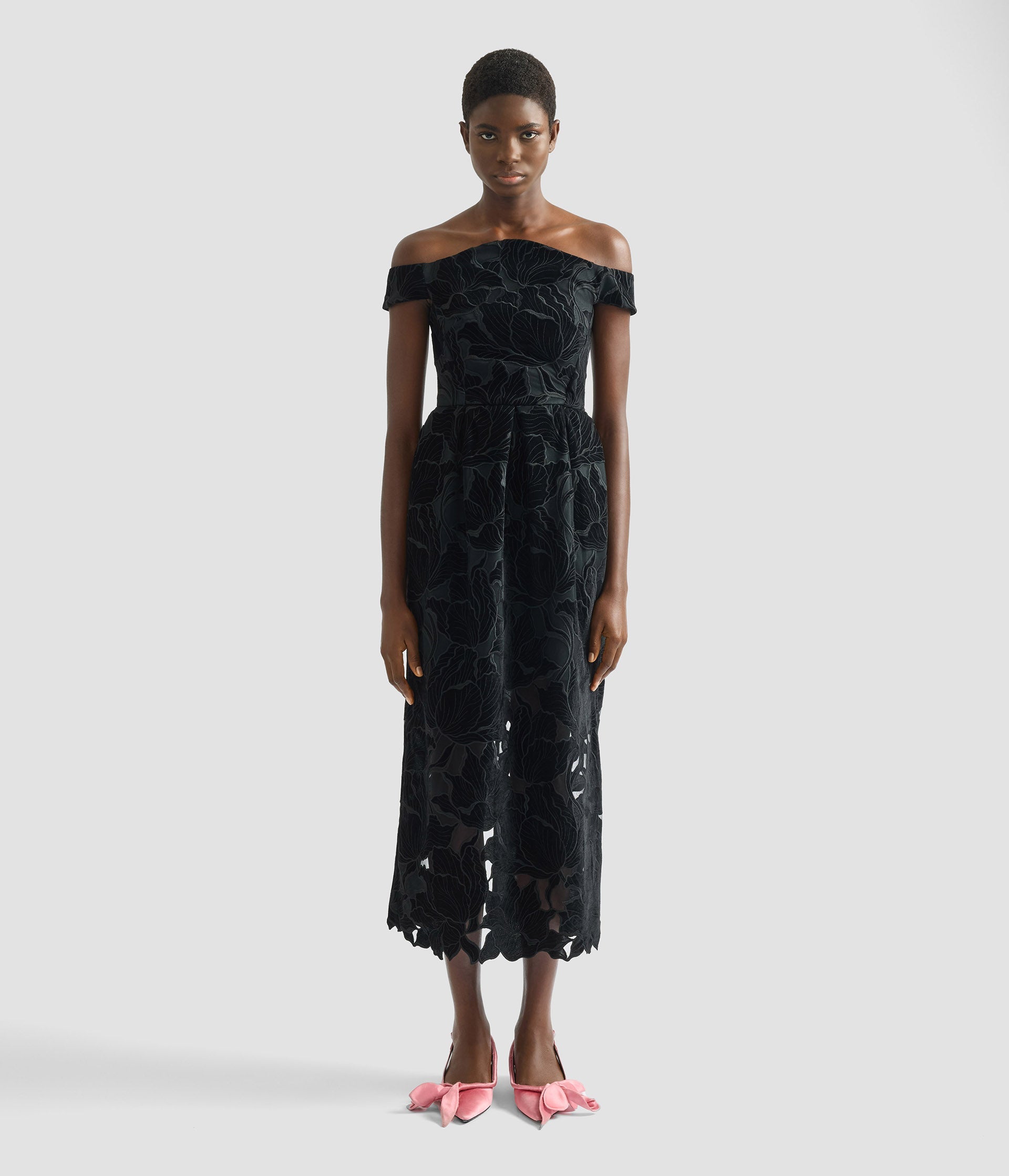 Floral Cutwork Off-The-Shoulder Midi Dress