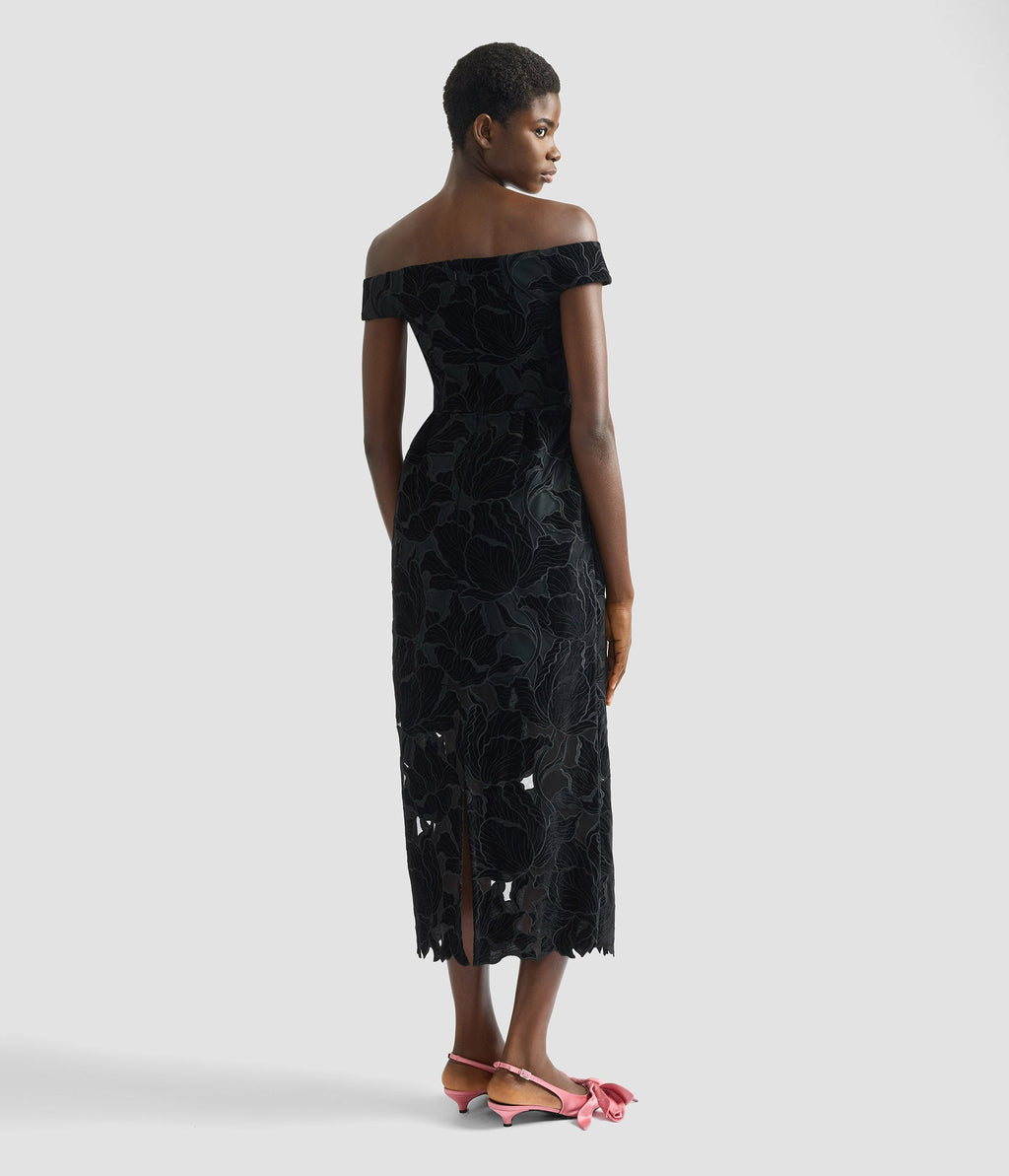 Floral Cutwork Off-The-Shoulder Midi Dress